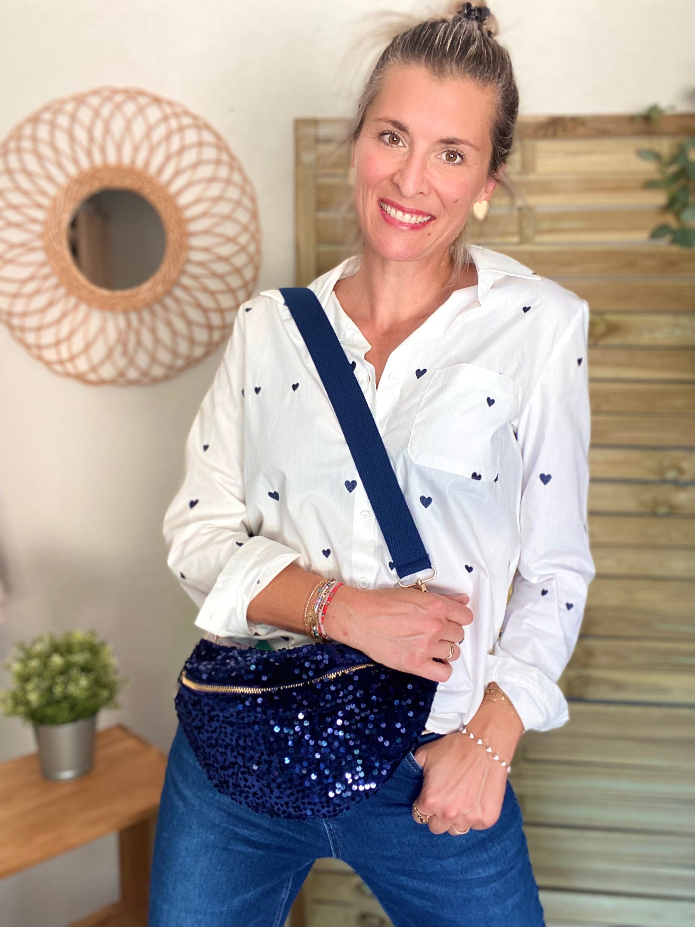 Sac banane L velours à sequins Ciao Boum - TAYLOR - Bleu marine