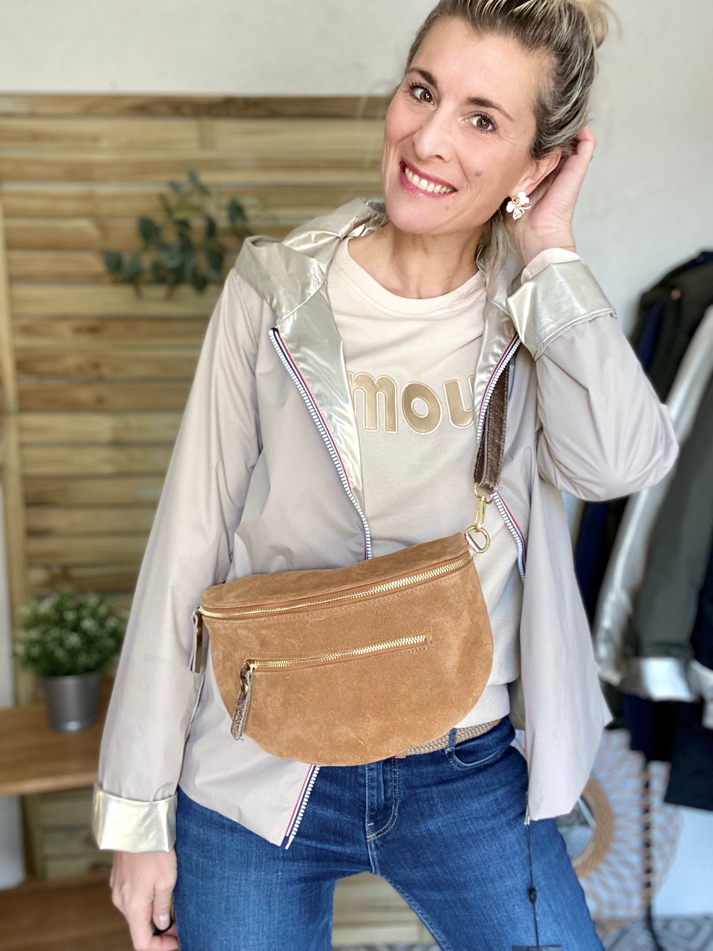 Sac banane XL 2 zips en cuir velours et irisé 30cm TERRY - Camel (4 coloris)