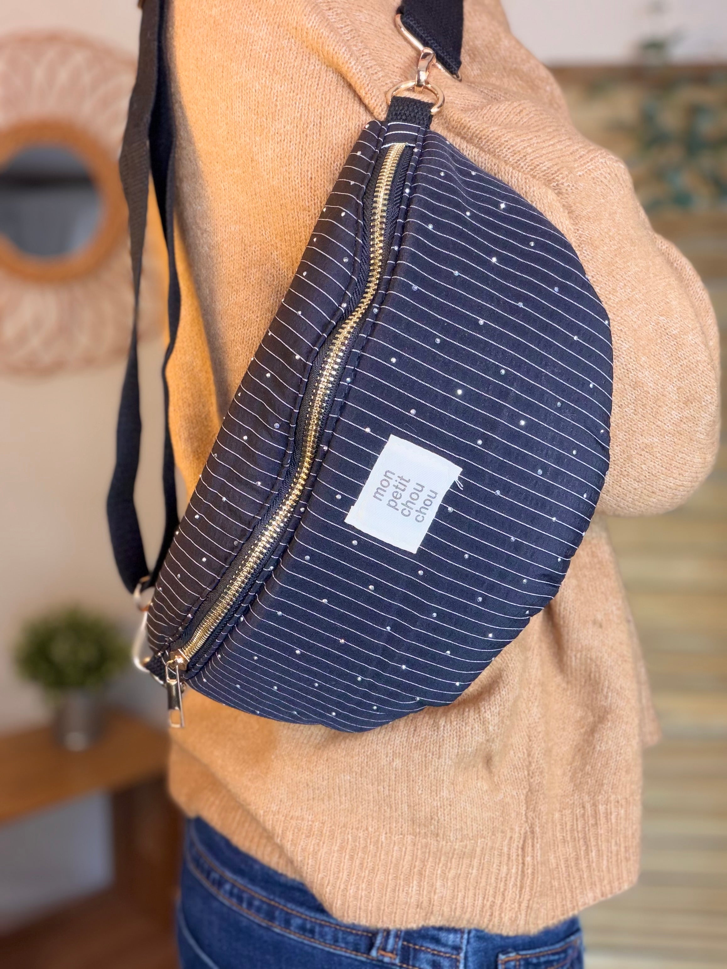 Sac banane avec strass BONNIE - Rayée noir