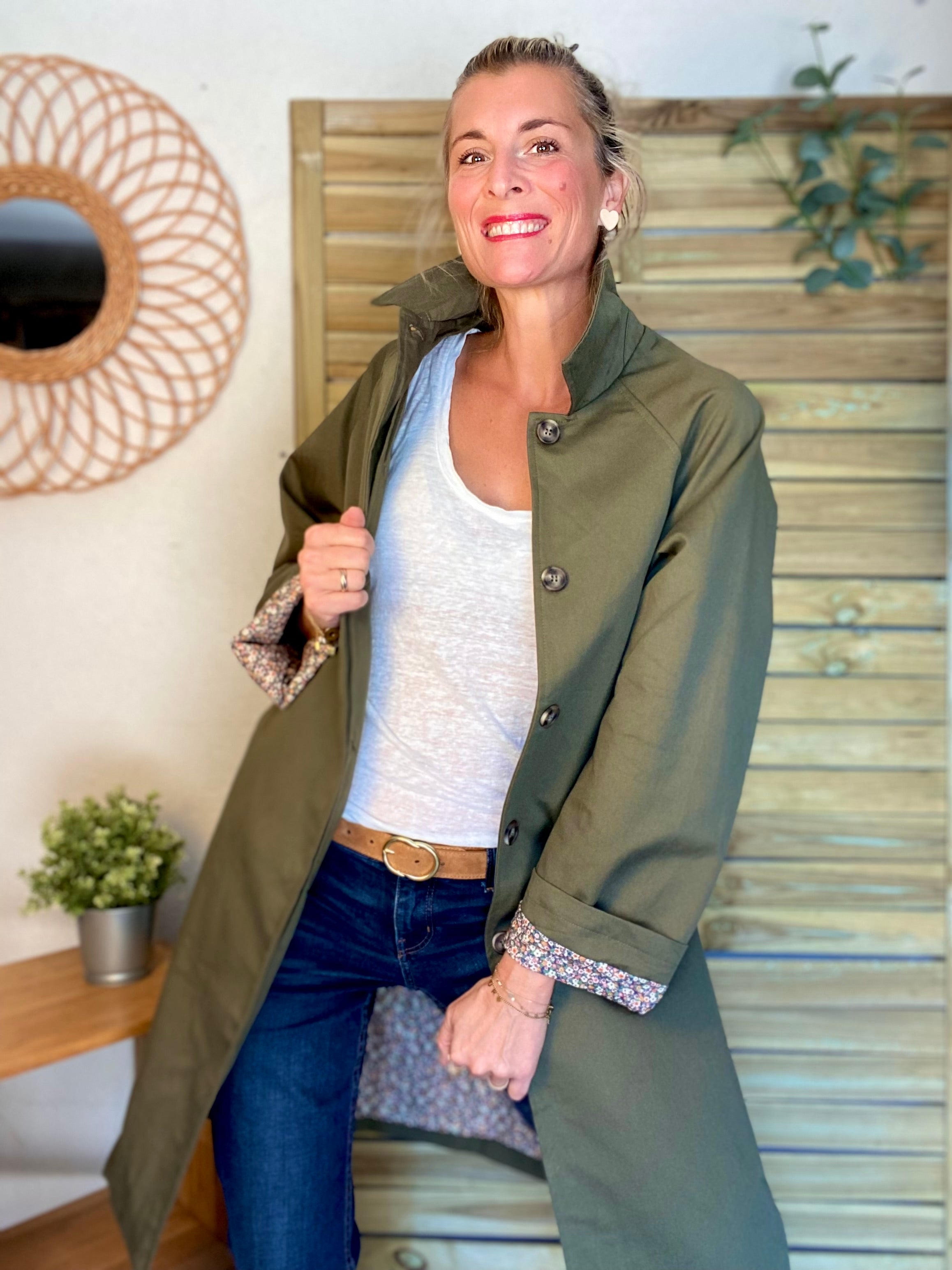 Veste Trench en coton kaki avec Liberty - MAHAUT LONG