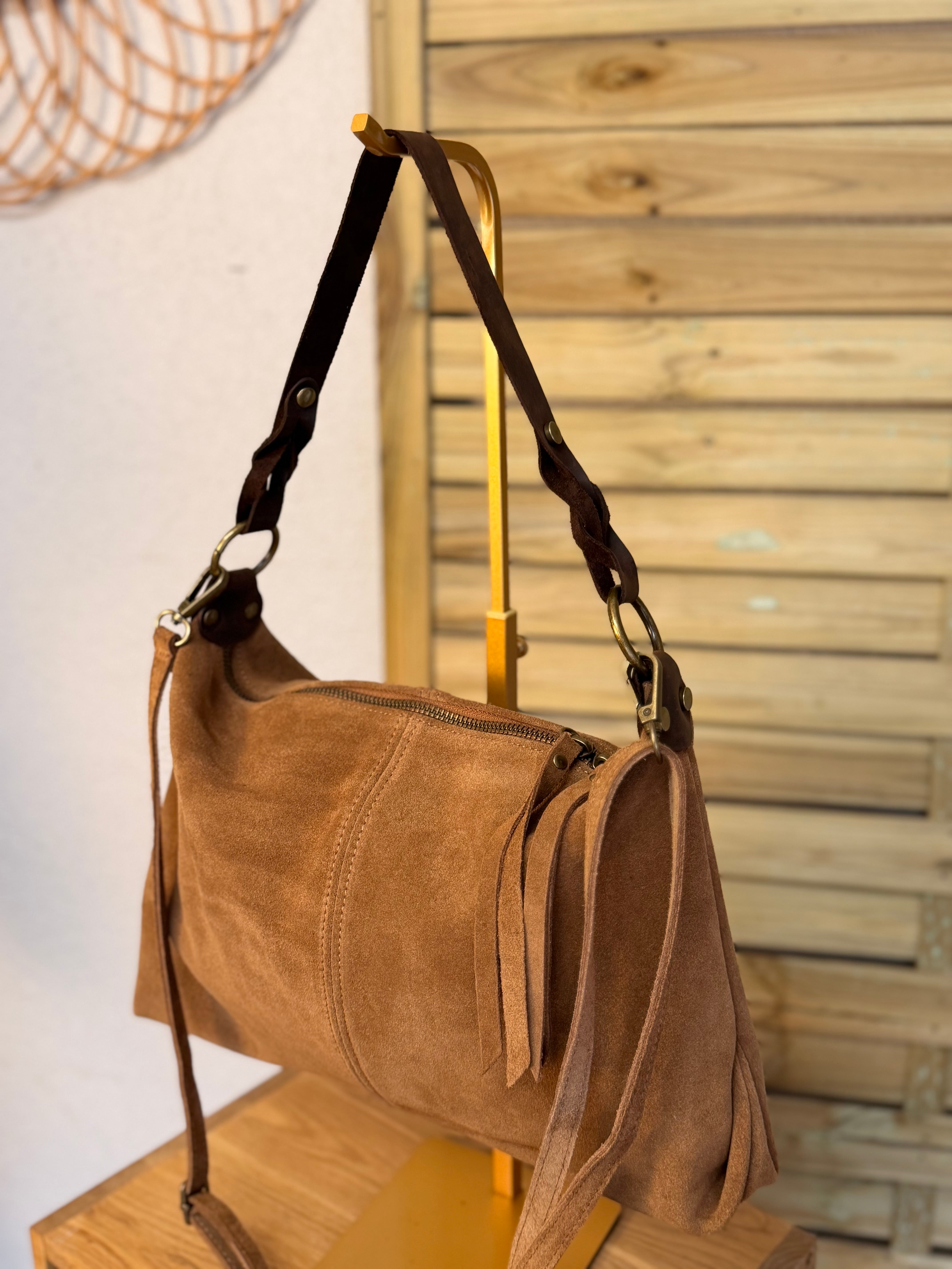 Sac hobo en cuir daim souple, double bandoulière ANDREW Camel clair