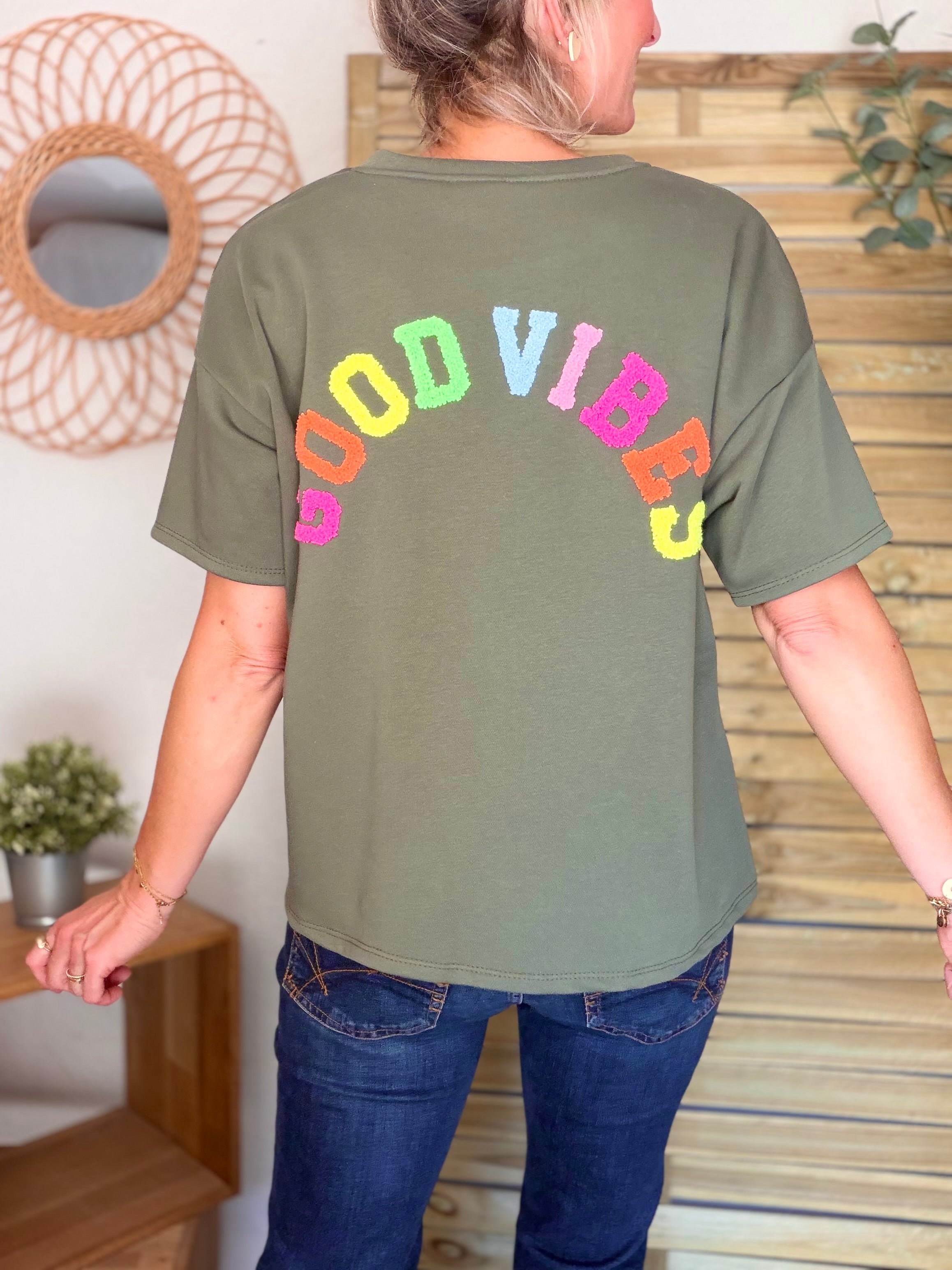 Tee shirt GOOD VIBES matière sweat - ALESSIA Kaki