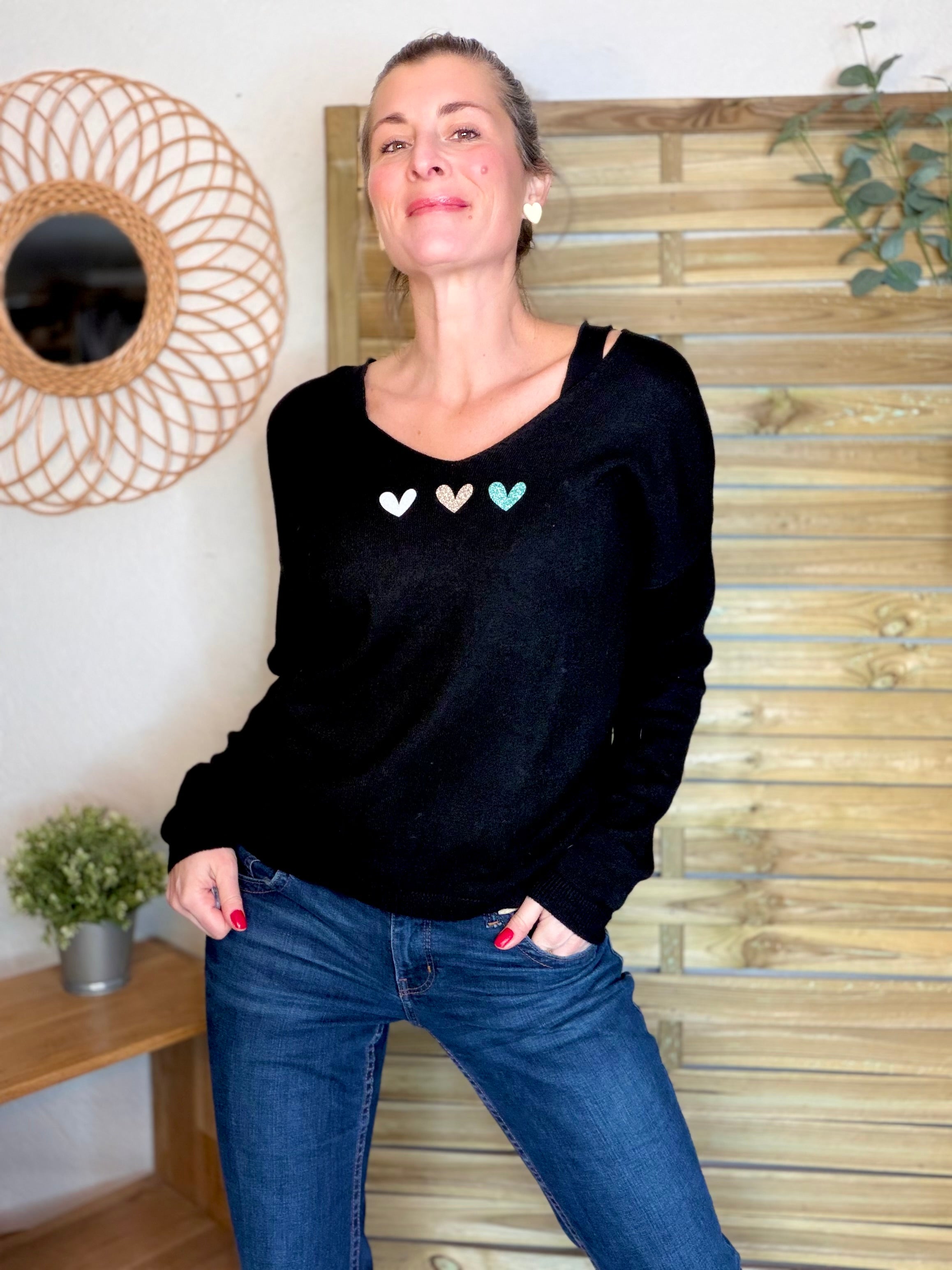Pull fin 3 cœurs 💛 BERTILLE - Noir