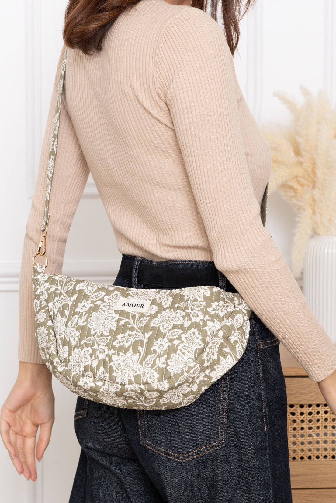 Sac demi-lune matelassé Amour JILL - Fleuri Kaki