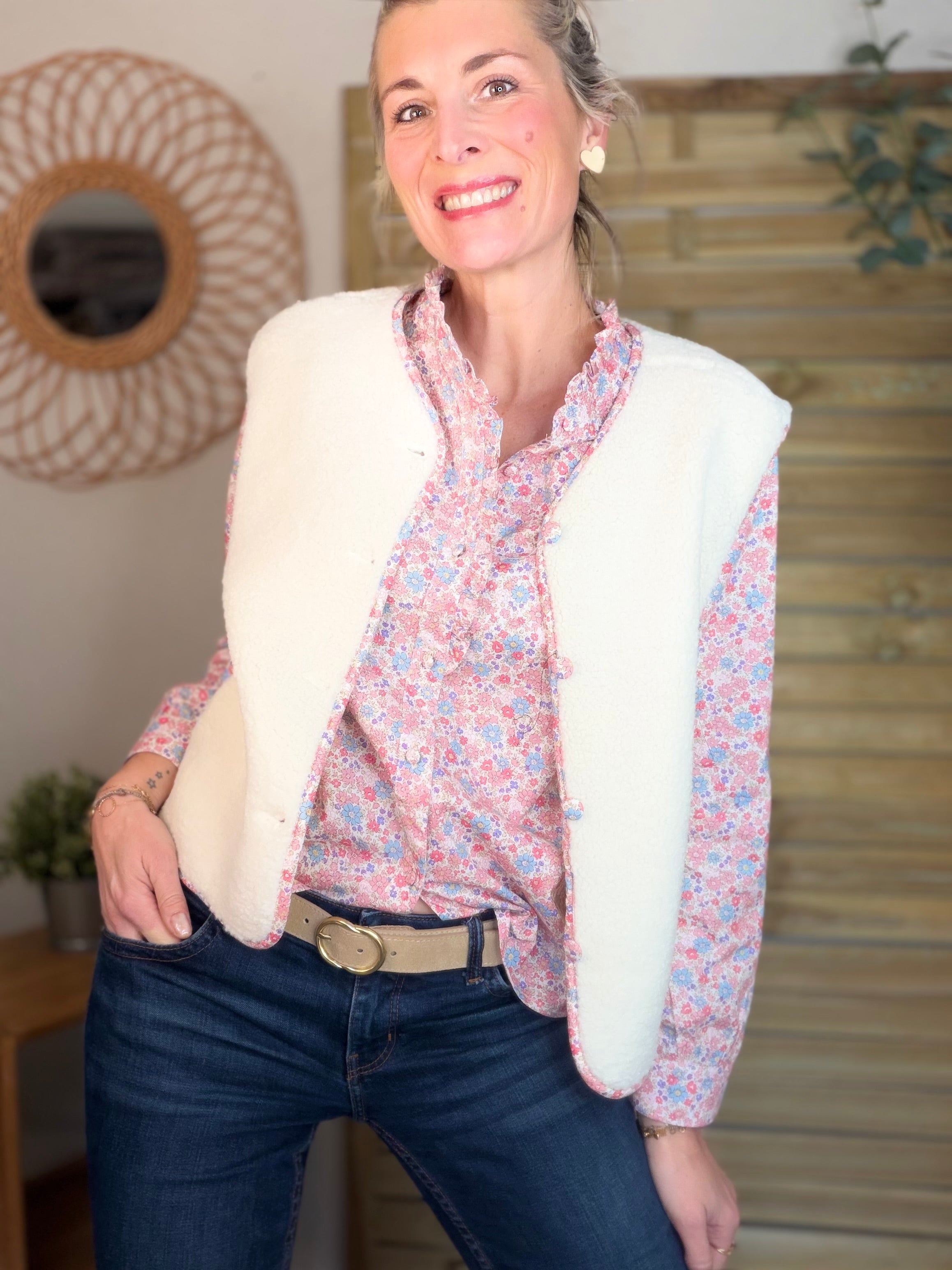 Gilet sans manche moumoute et Liberty LUCIE