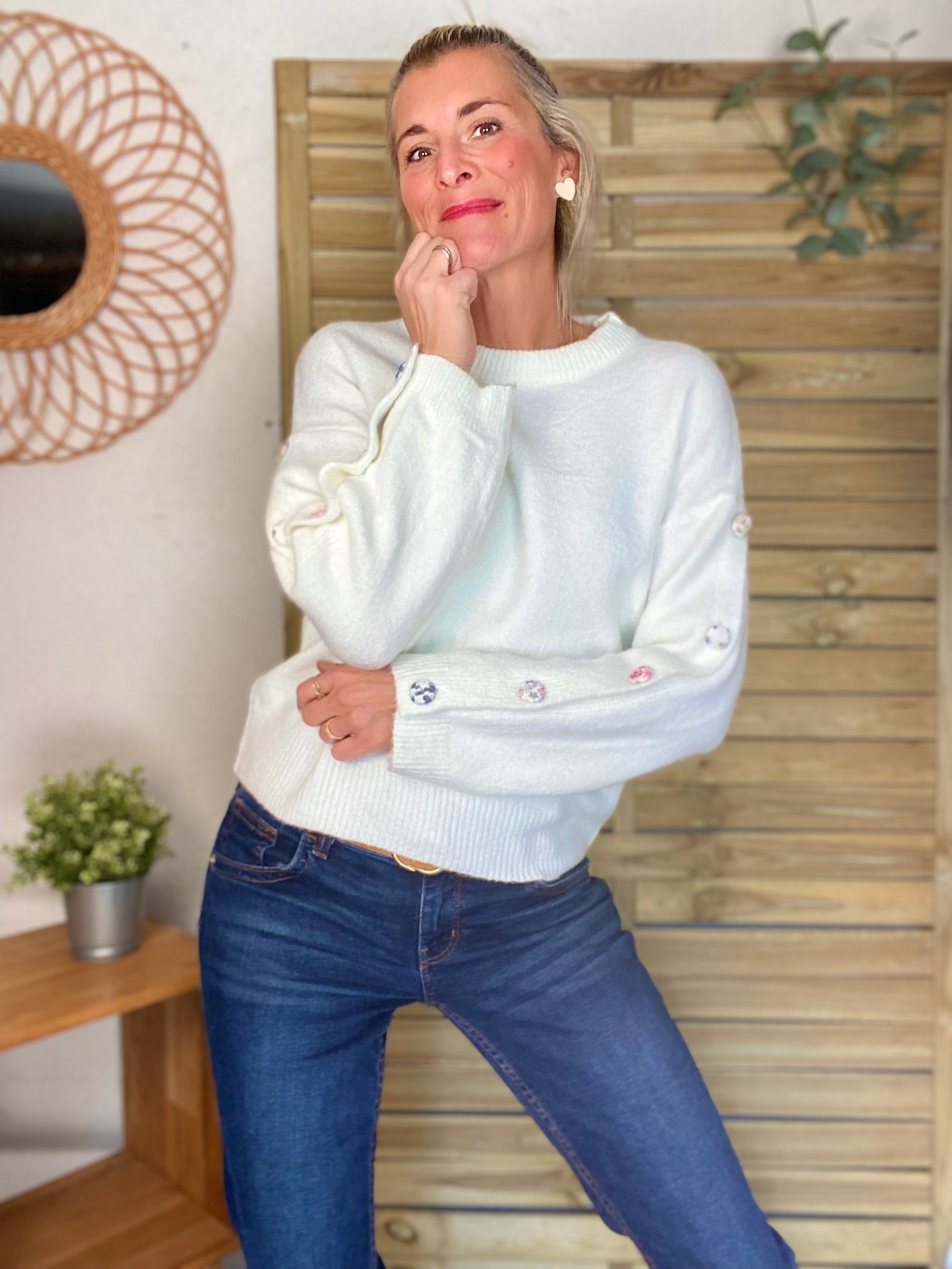 ⚡️ PÉPITES FRIDAY - Pull boutons tissu fleuri - Blanc - HAZEL