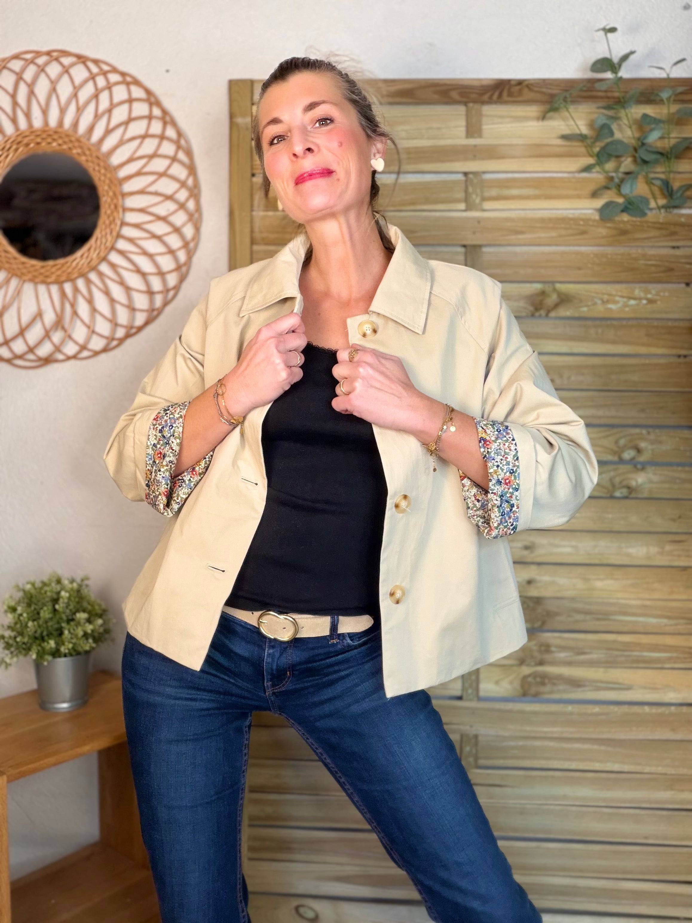 Veste Trench en coton beige avec Liberty - MARION (Taille 2 ans à la Taille L)