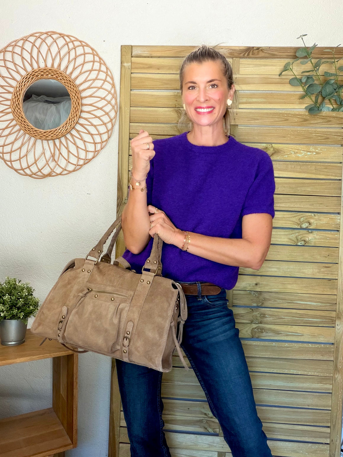 Sac cabas XL en cuir daim • HUNTER Taupe