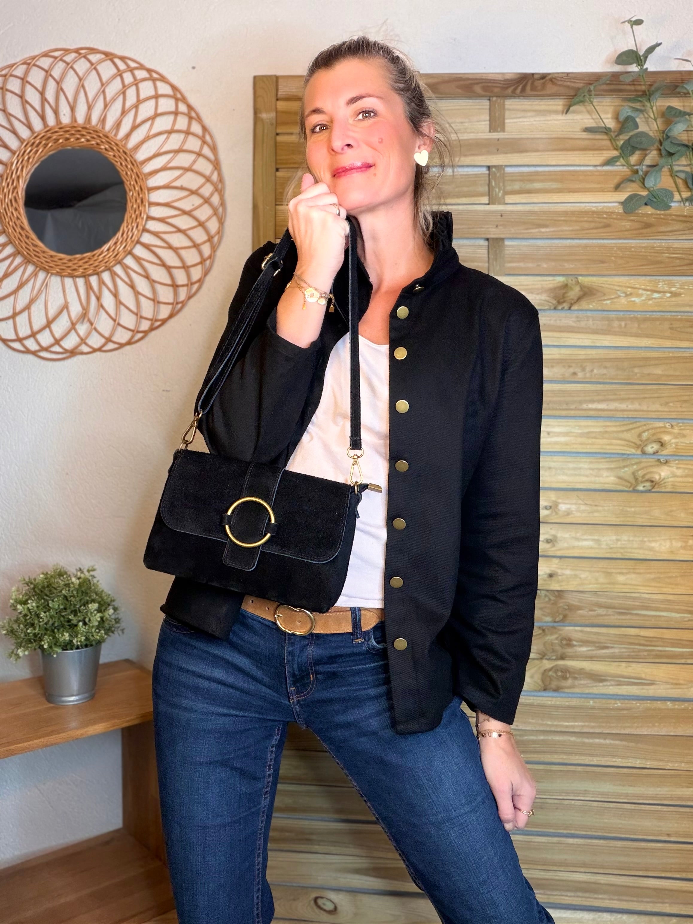 Sac bandoulière en croute de cuir BLAKE - Noir