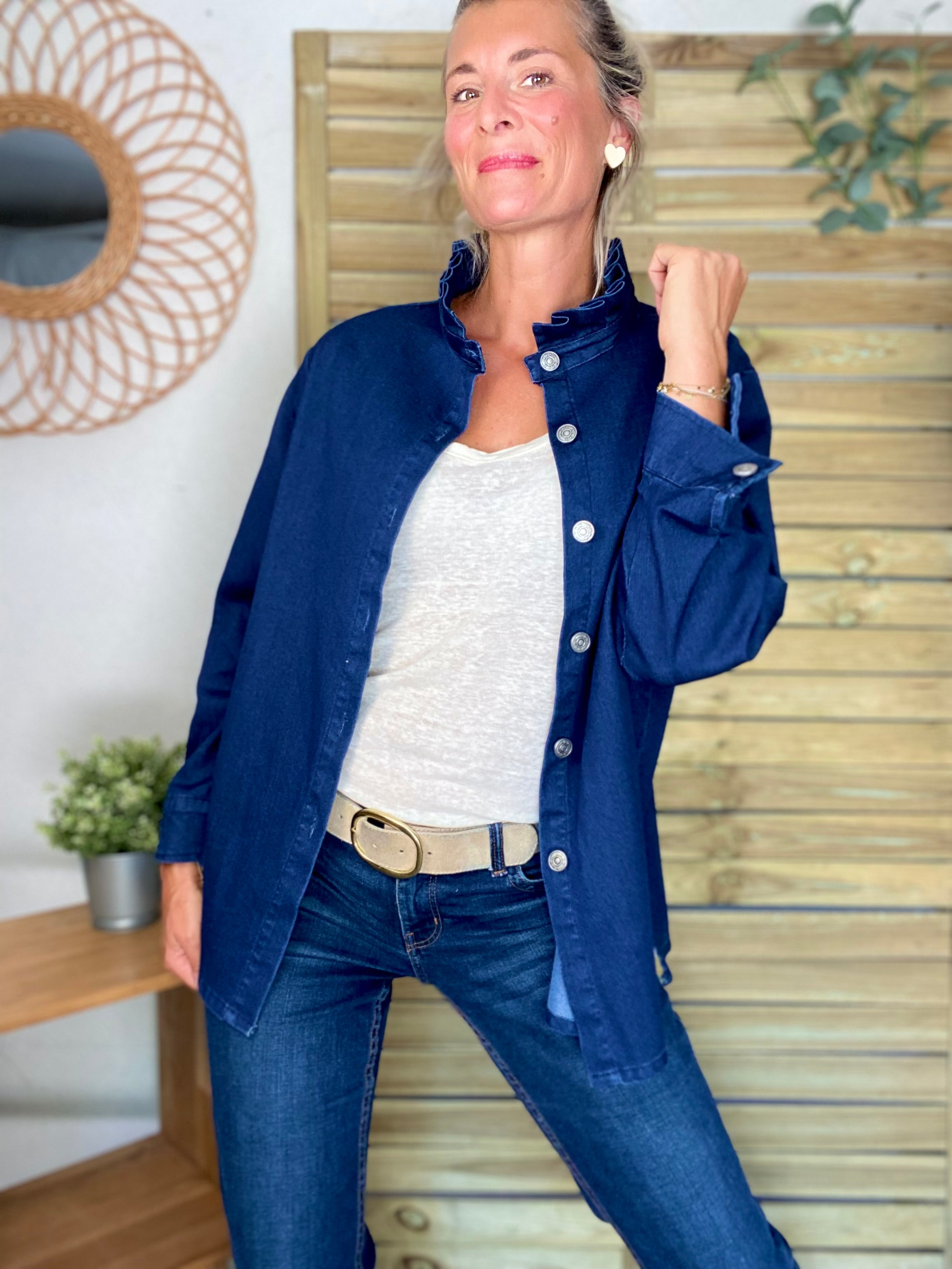 Veste / Chemise en coton, col volanté Bleu Jean LISON