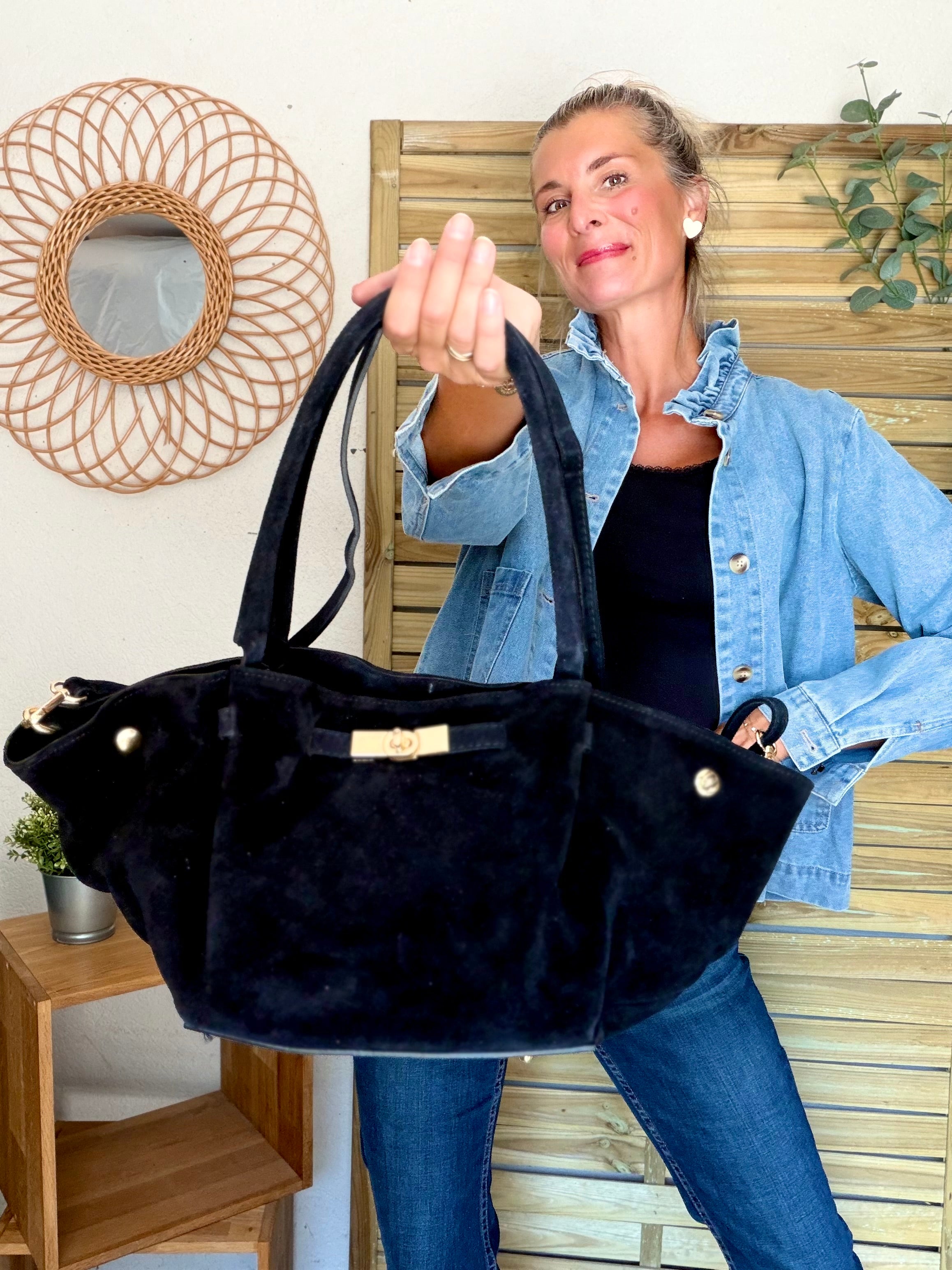 Sac cabas en cuir daim HANA - Noir