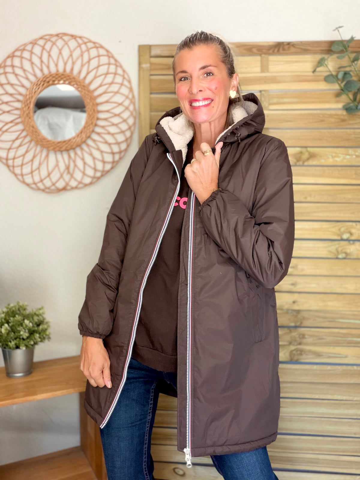 LAURA JO - Parka Imperméable LOUISE LONG Sherpa écru - Chocolat