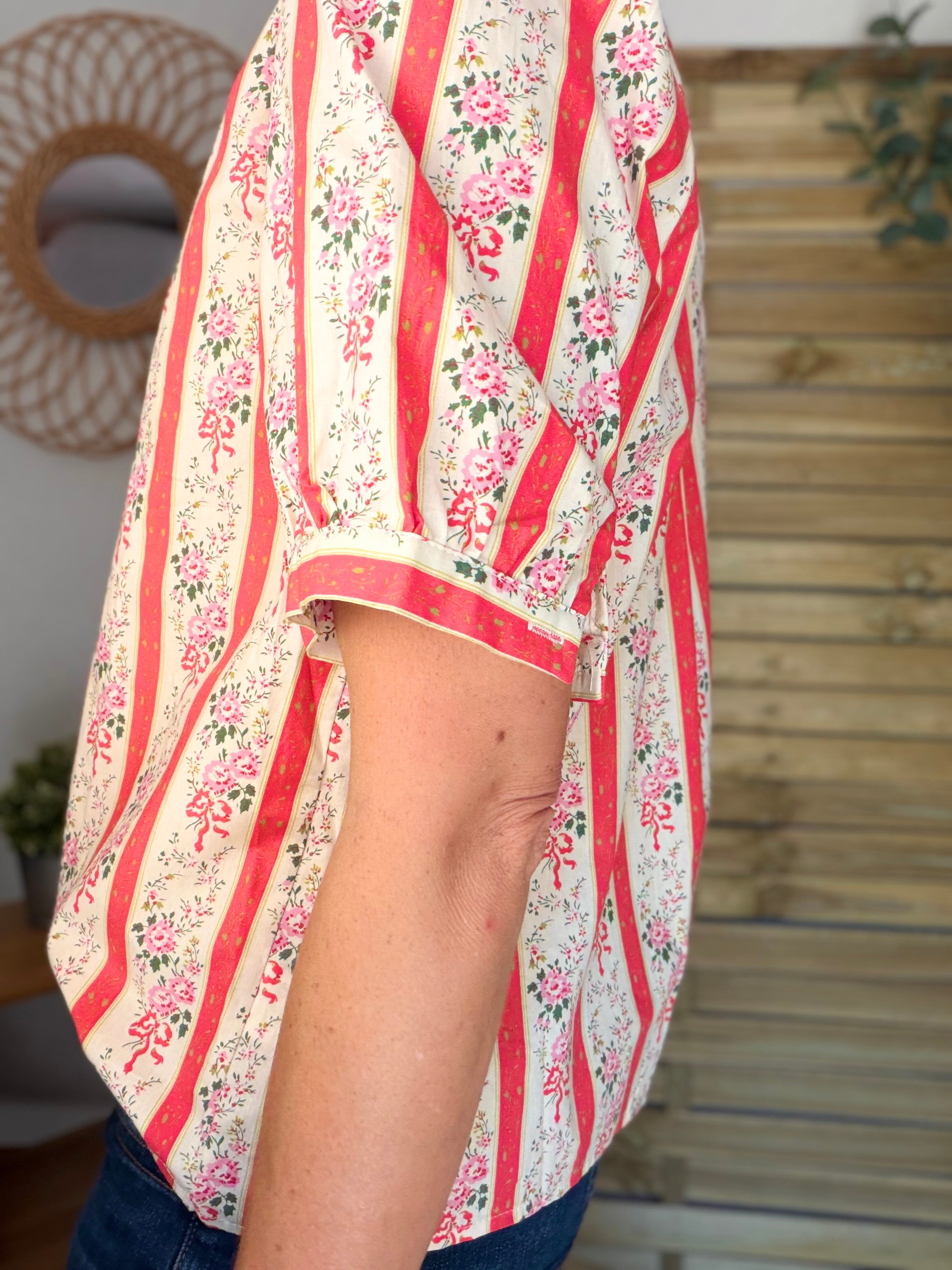 Blouse fleurie rayures VALENTINE Corail