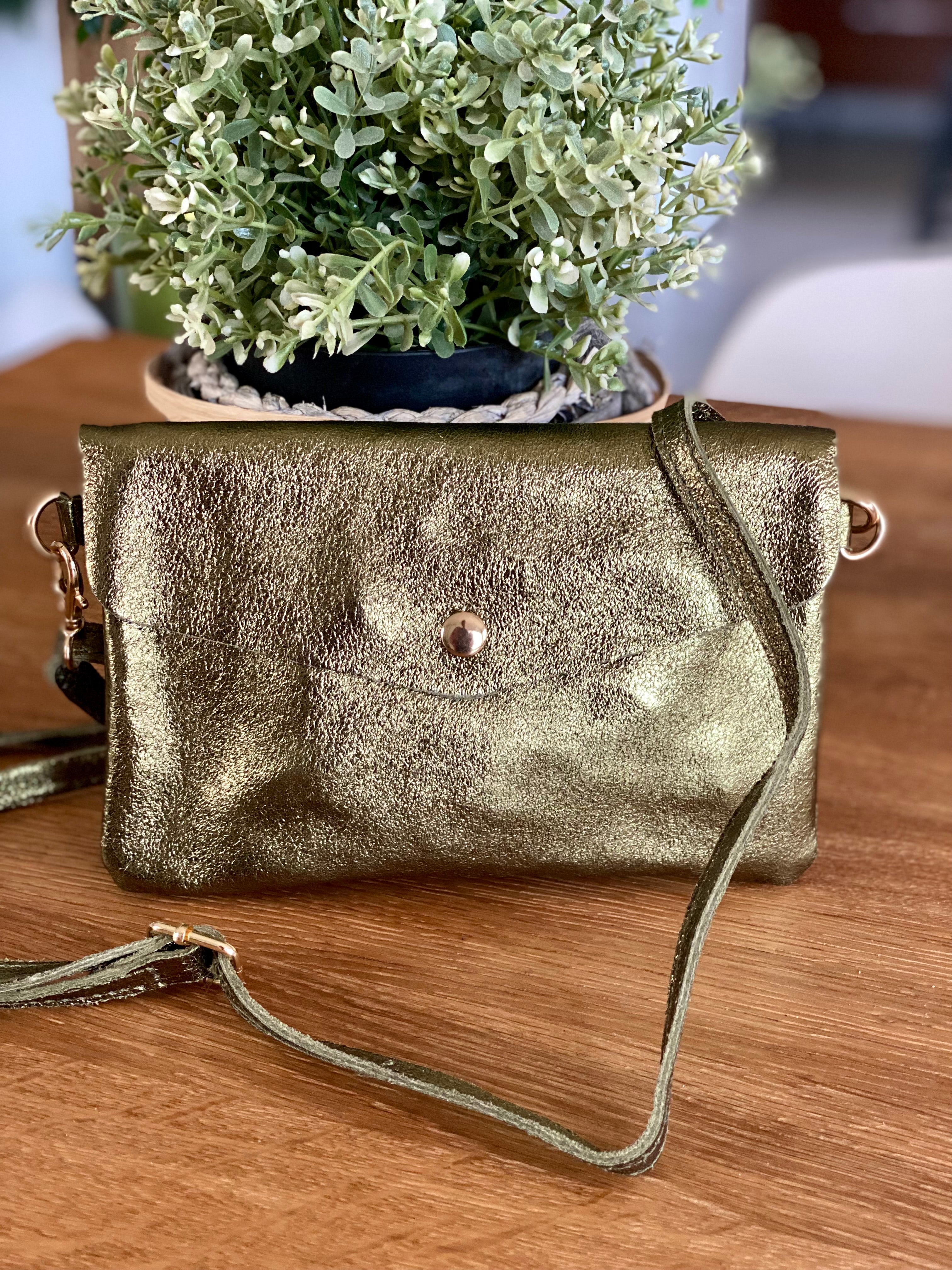 Sac bandoulière / Pochette en cuir irisé - BETTY - Kaki