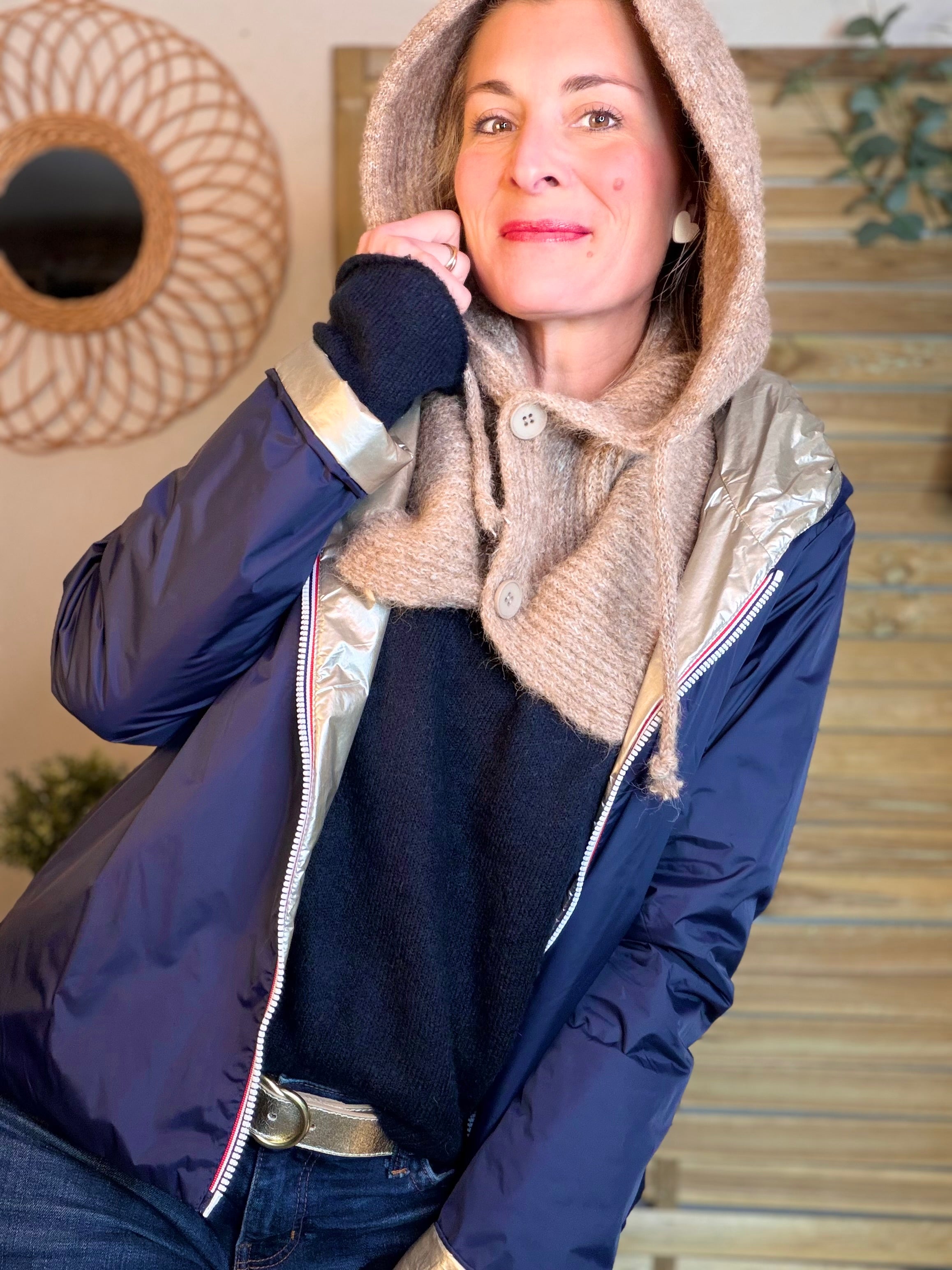 Col cagoule LORIE en maille avec bouton - Taupe