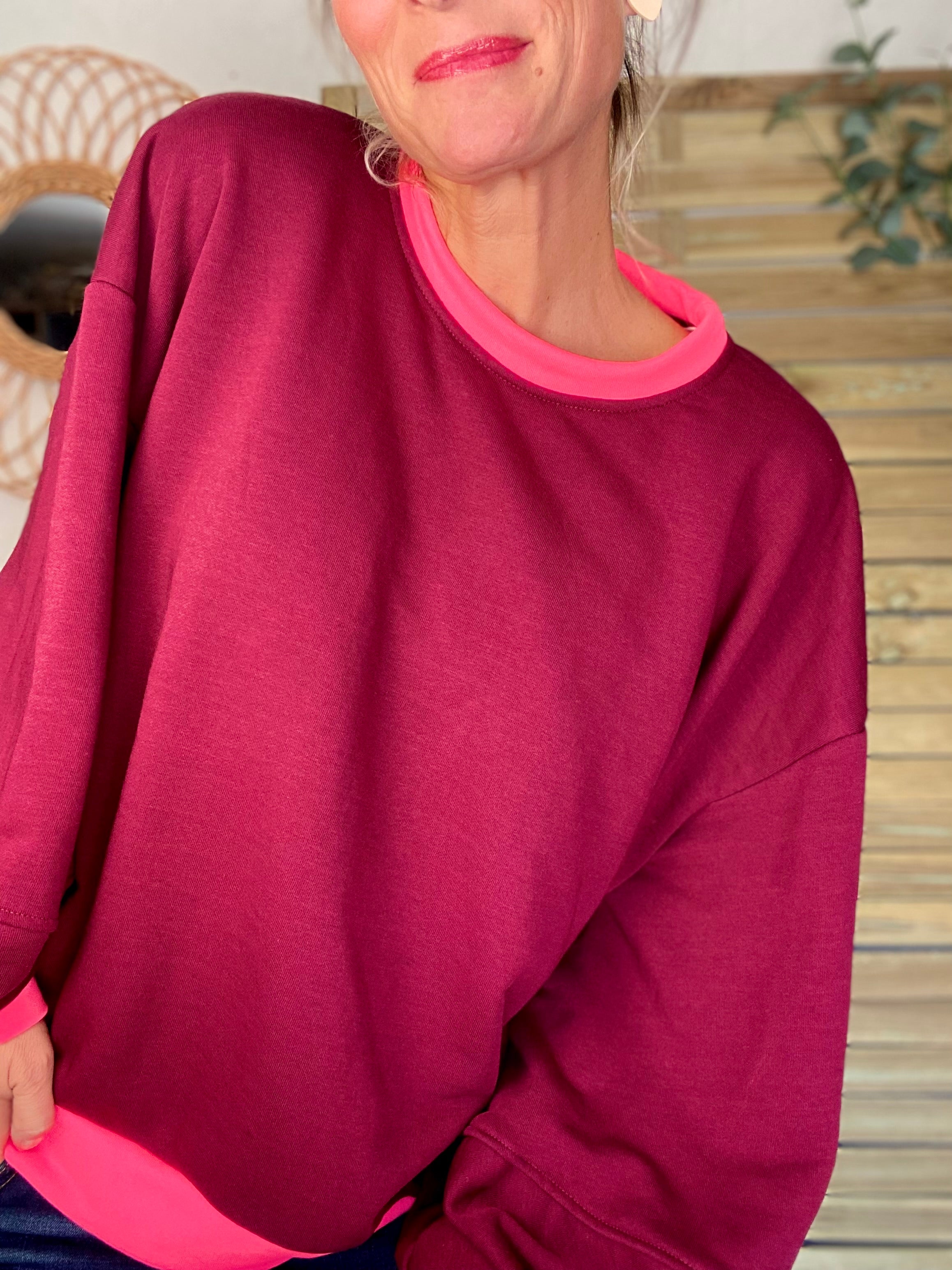 Sweat oversize uni Bordeaux/Rose fluo ISALINE