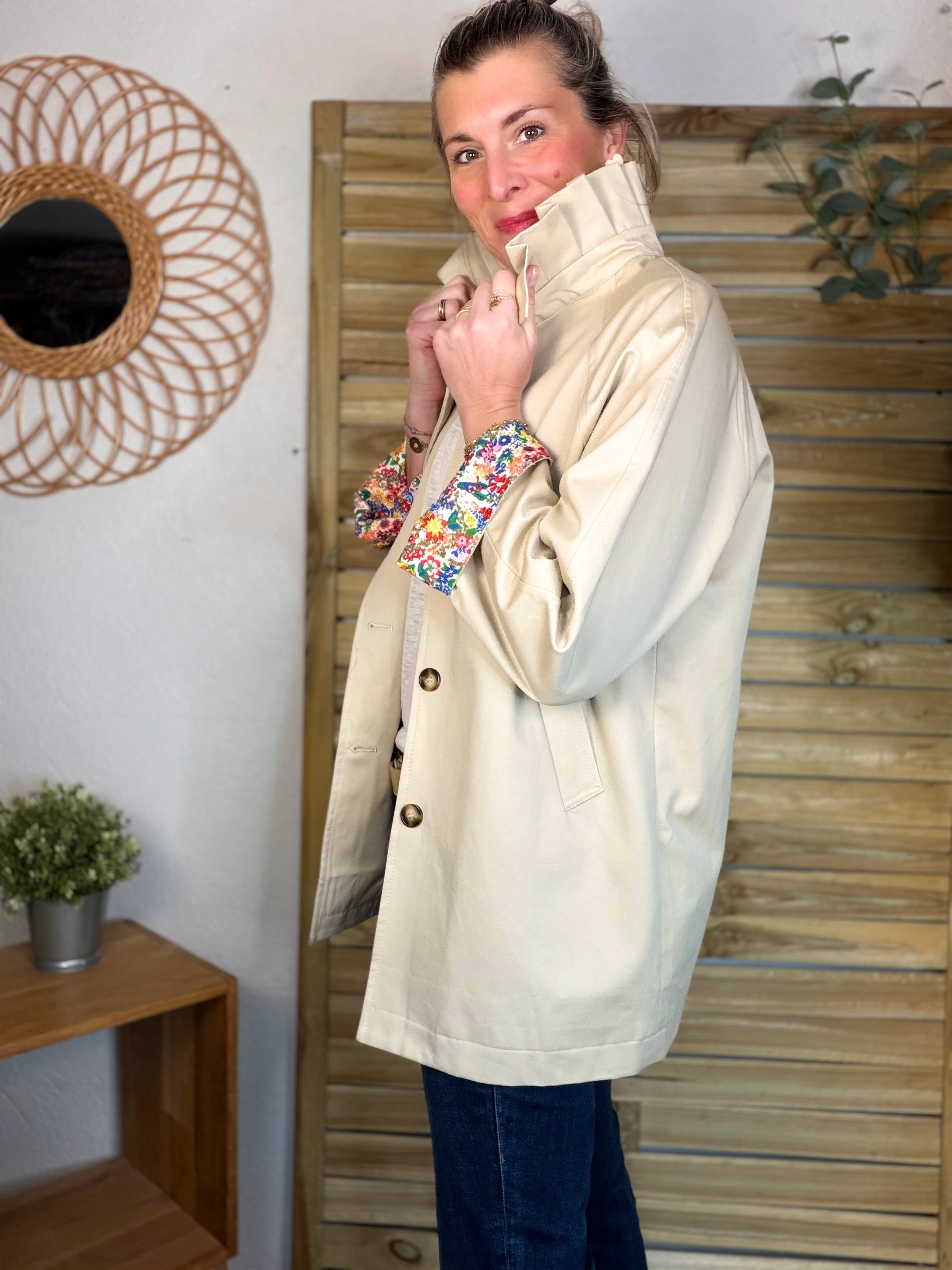 Veste Trench mi-long col victorien avec Liberty - ANDY Beige