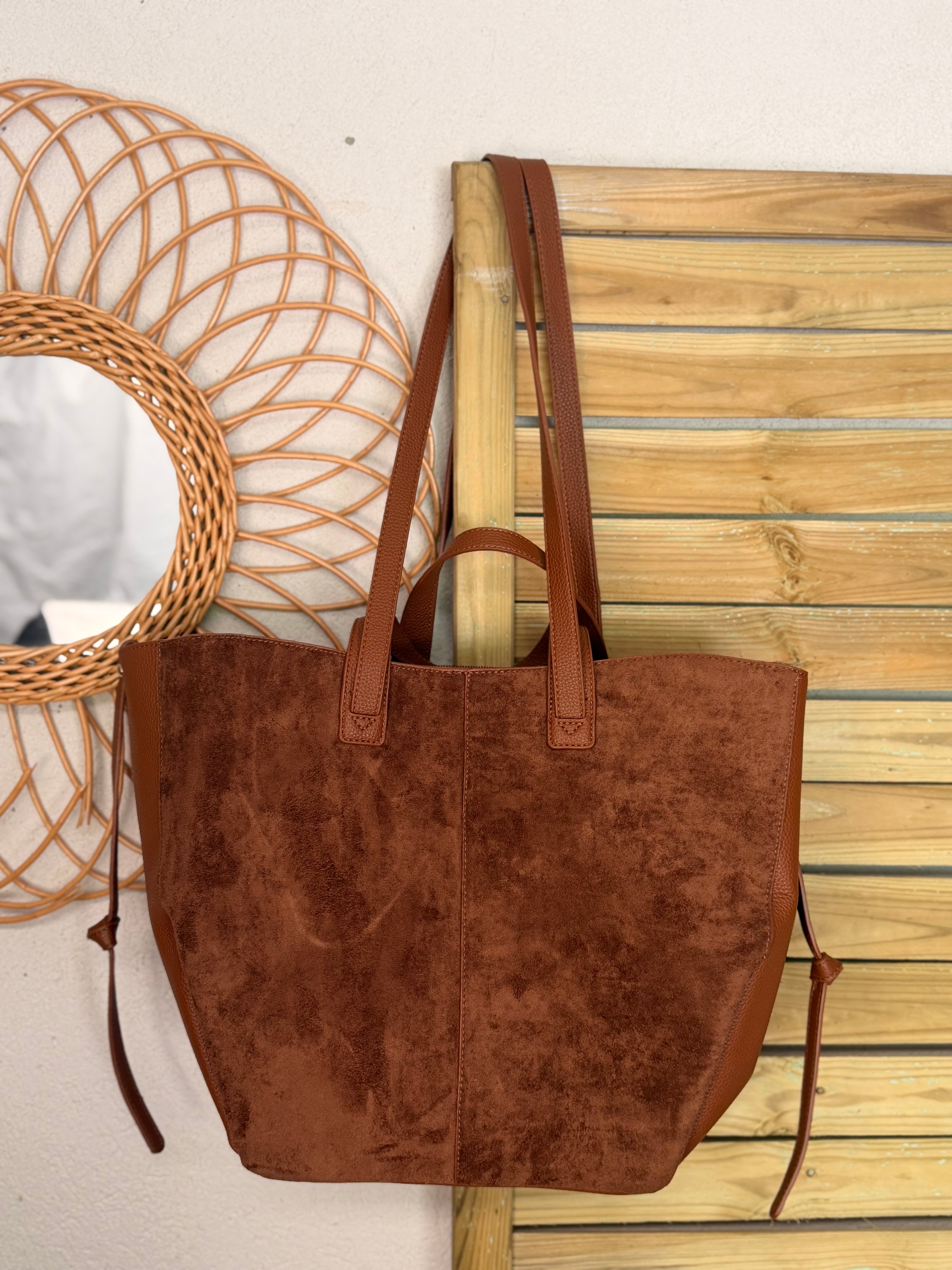 Grand Sac cabas 2 en 1 en simili daim - LAURÈNE Camel