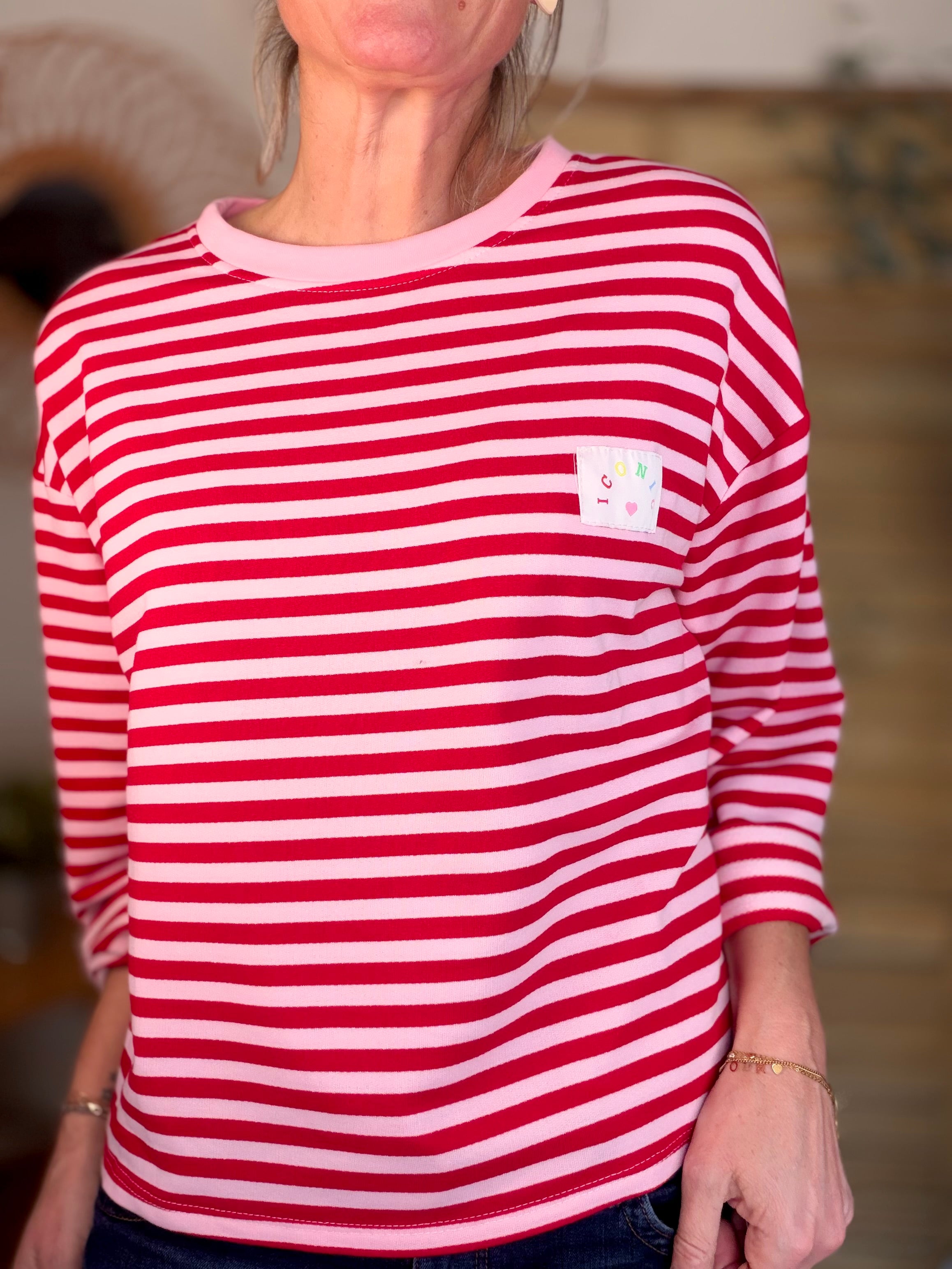 Sweat fin rayé ample Iconic CORALIE - Rouge / Rose