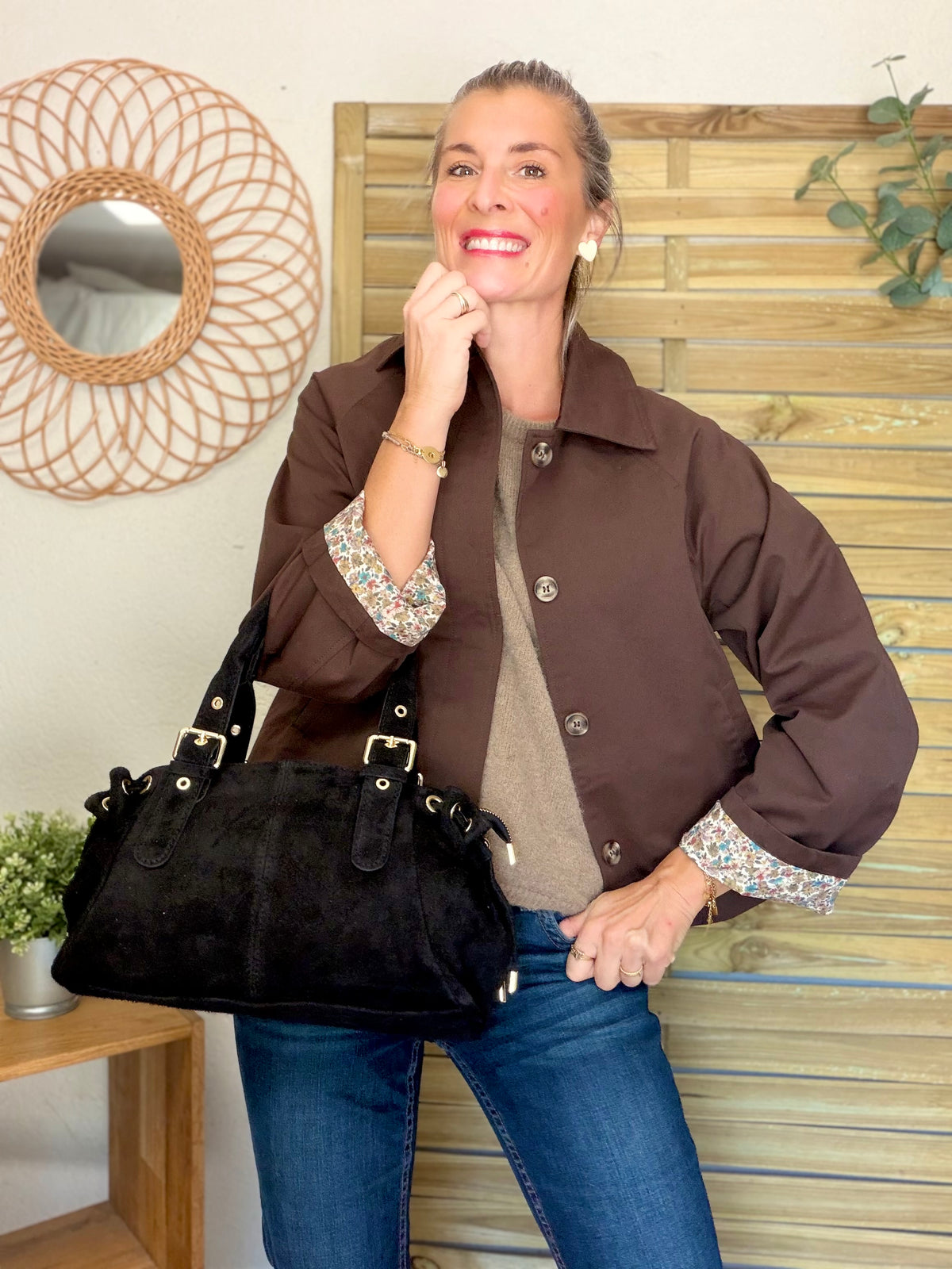 Sac à main en cuir daim GERY - Noir