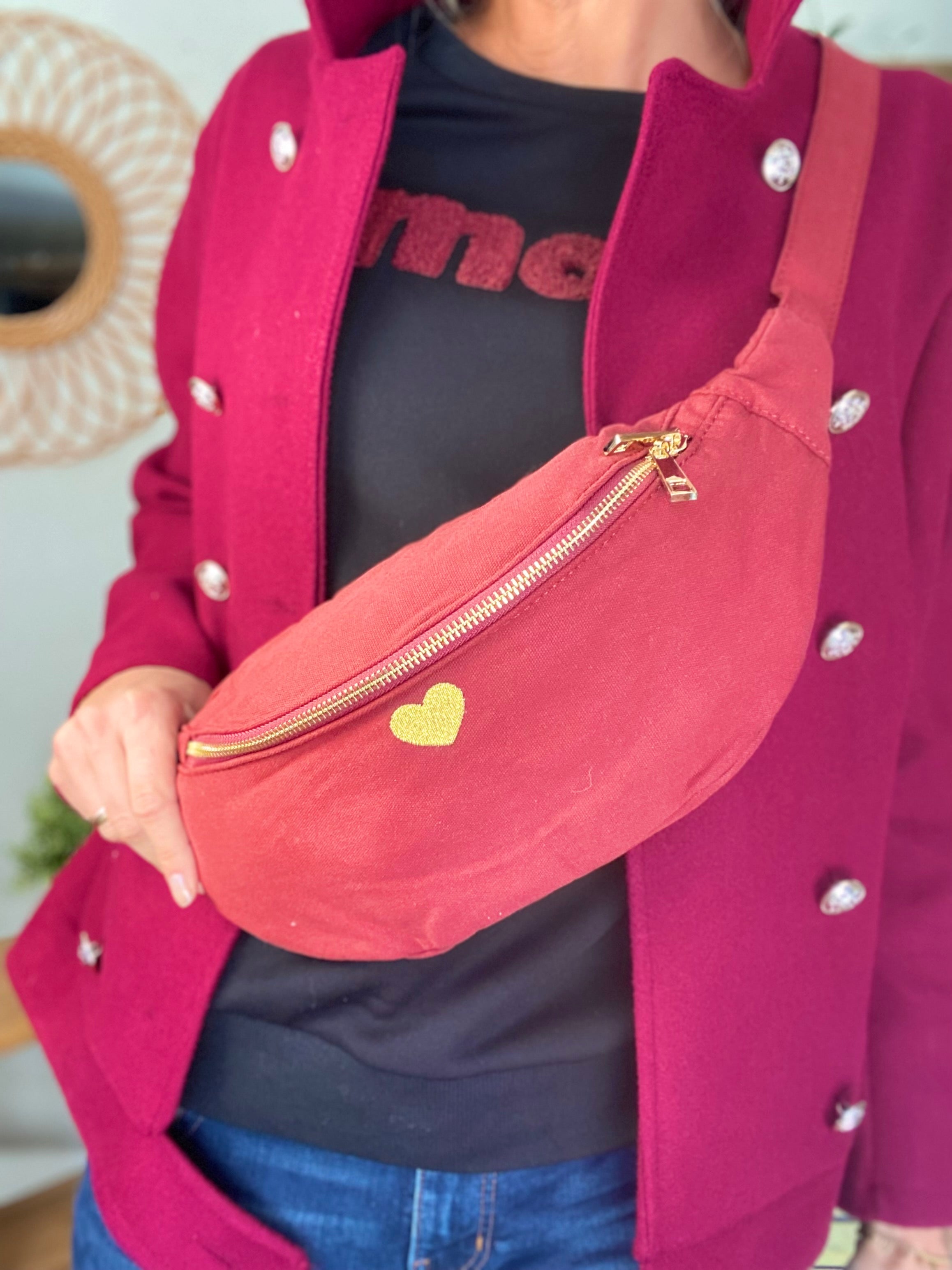 Sac banane en coton Coeur brodé 💛 CASSIDY - Bordeaux