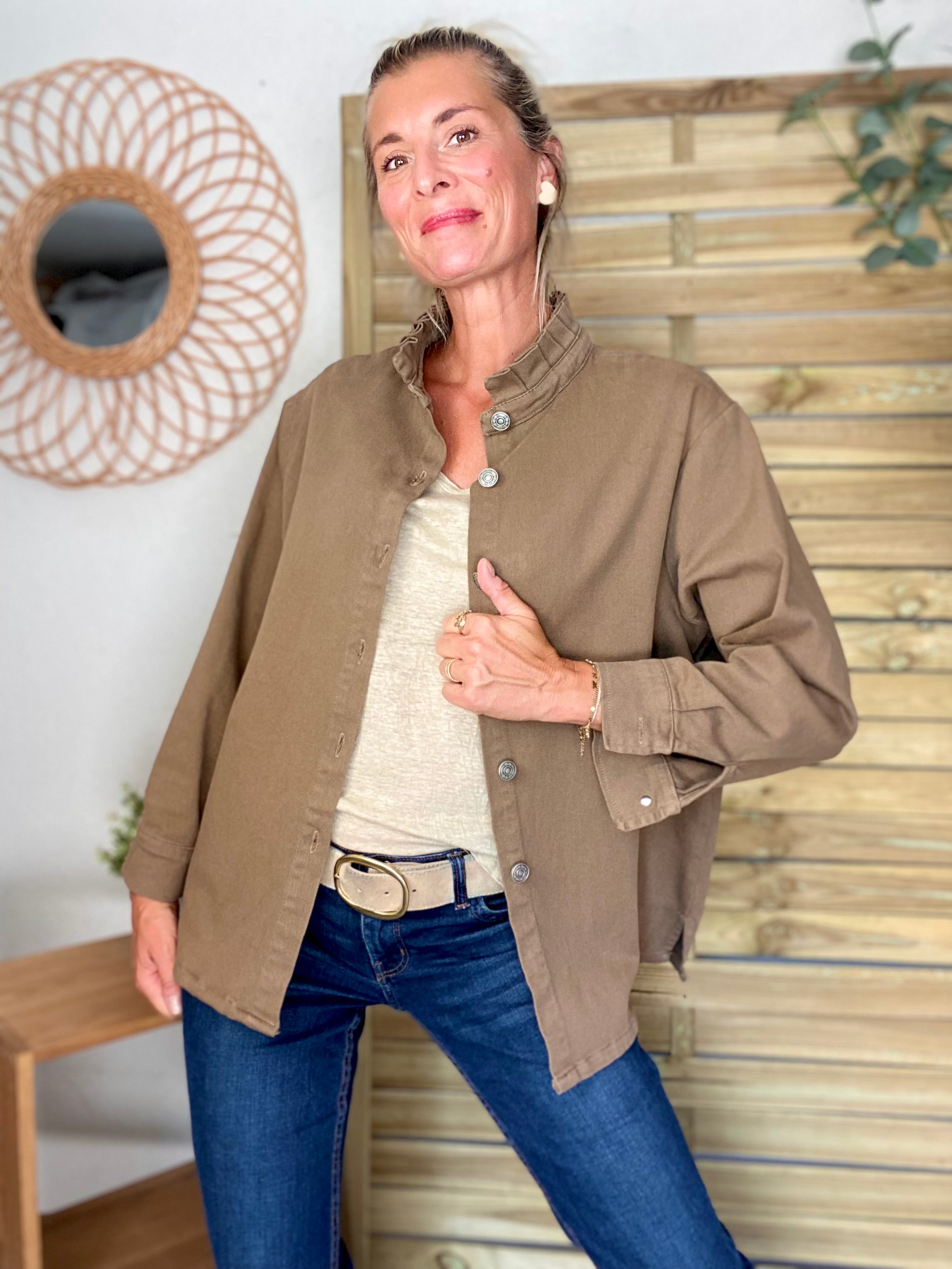 Veste / Chemise en coton, col volanté Camel foncé LISON