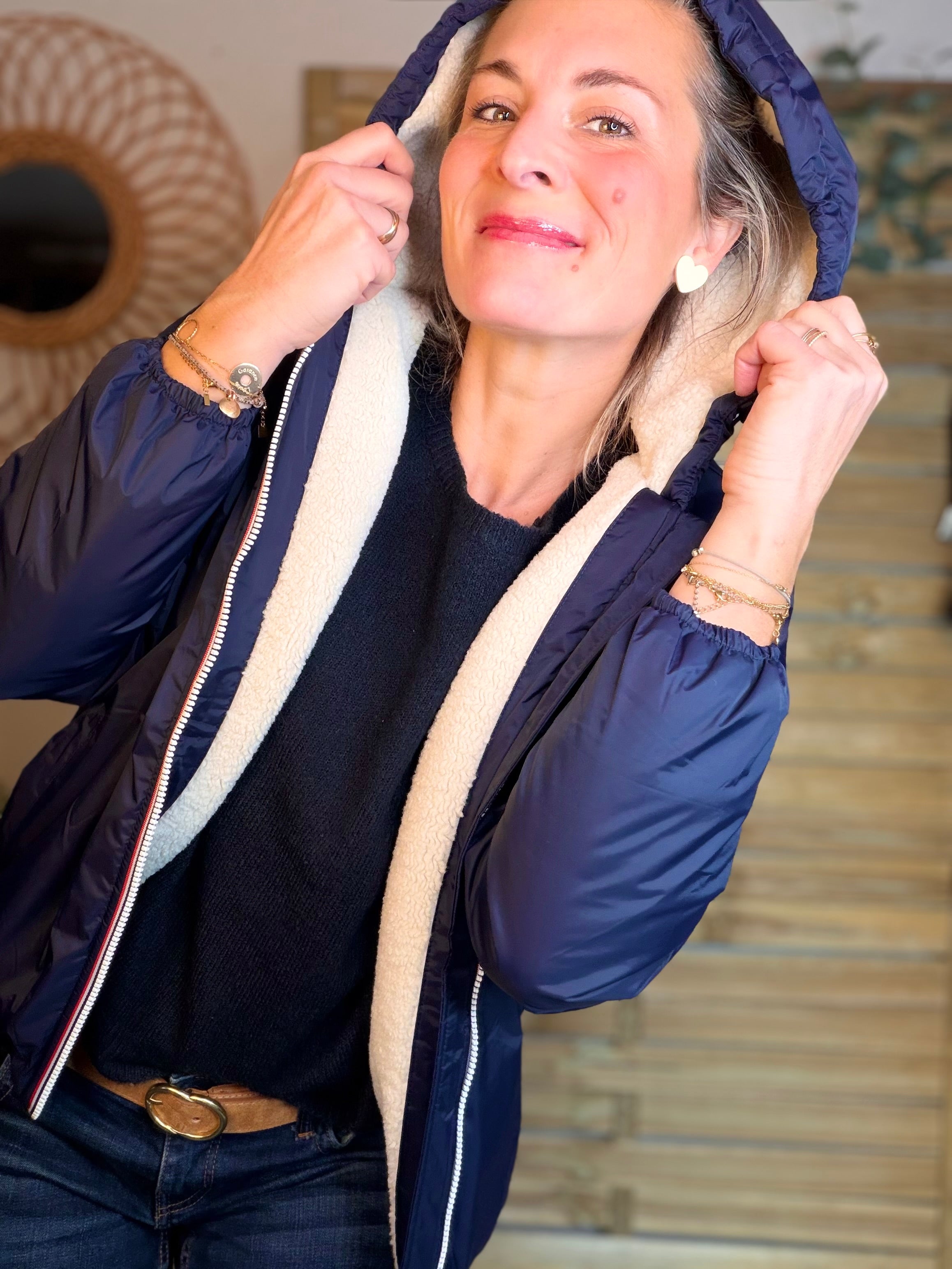 Parka Imperméable LOUISE COURT sherpa - Bleu marine - LAURA JO (DÉSTOCKAGE Taille L)