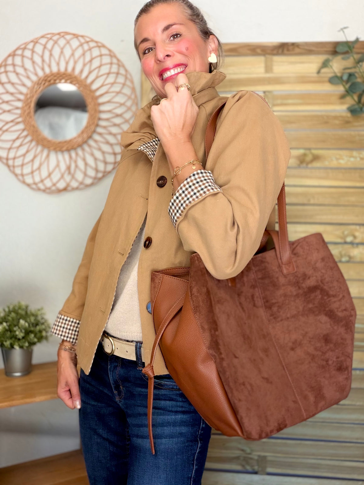 Grand Sac cabas 2 en 1 en simili daim - LAURÈNE Camel