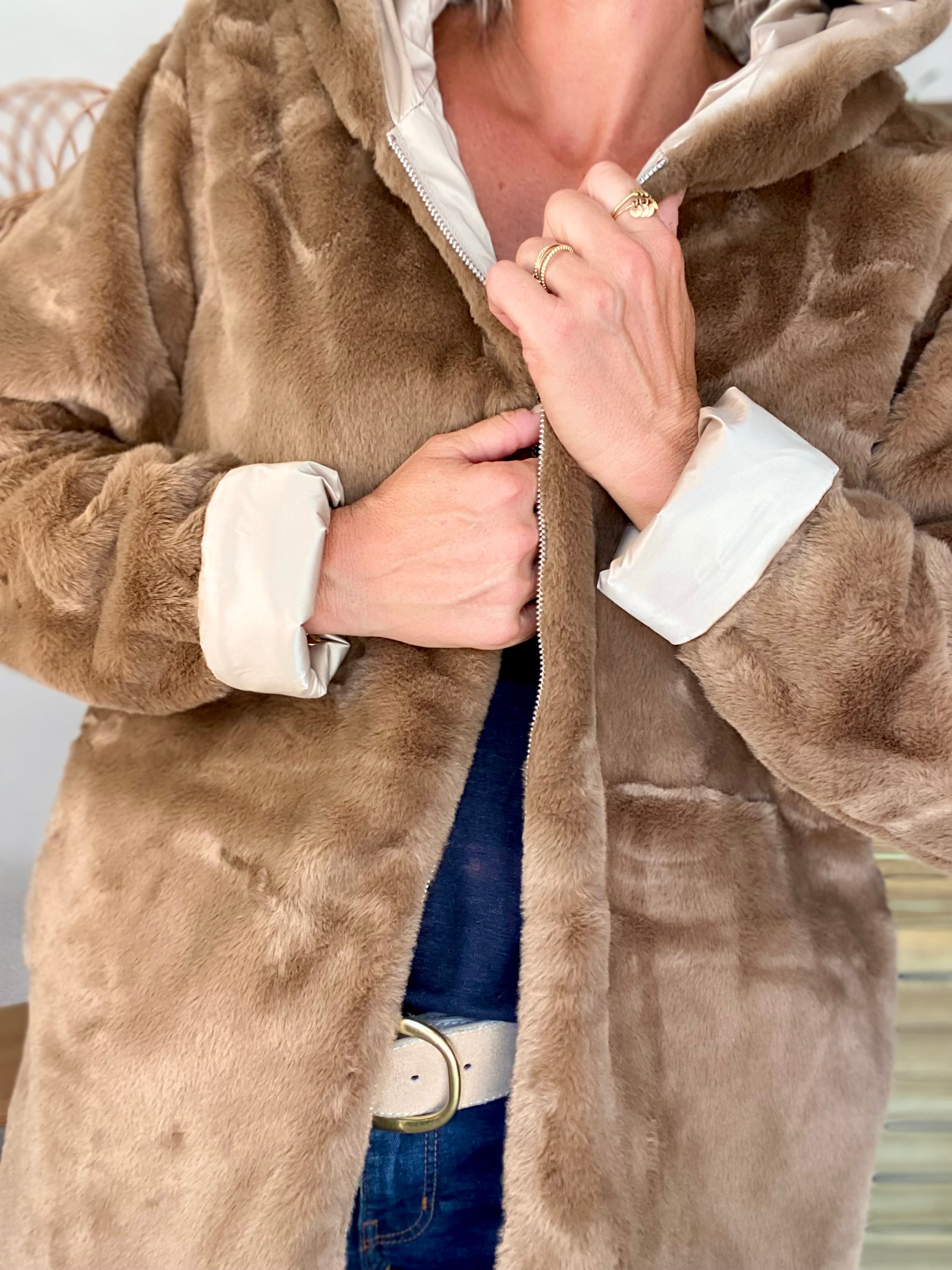 Parka Imperméable réversible fourrée Sable irisé / Camel ALIX - LAURA JO