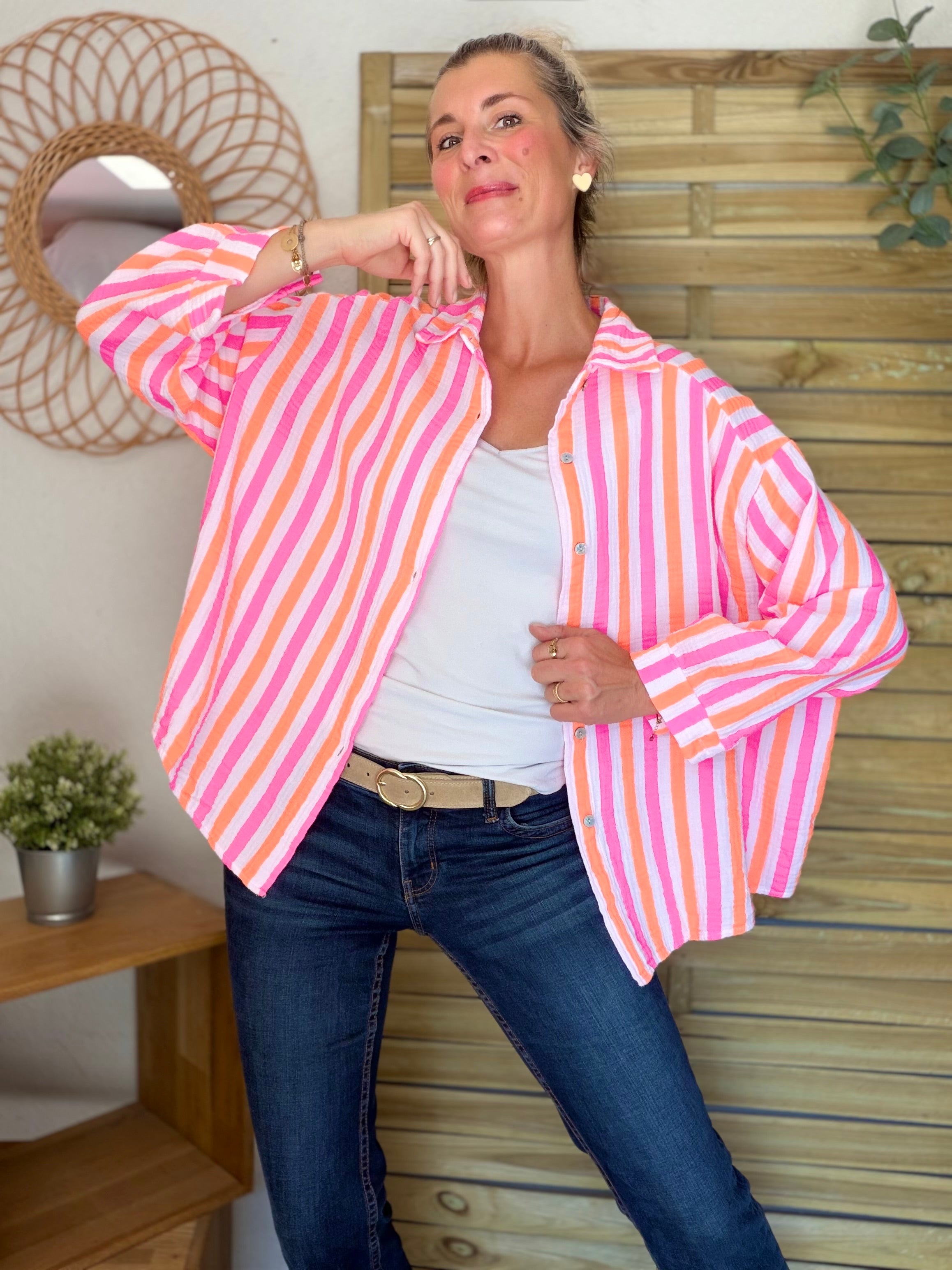 Chemise en gaze de coton rayée FÉLICIE Fluo Blanc