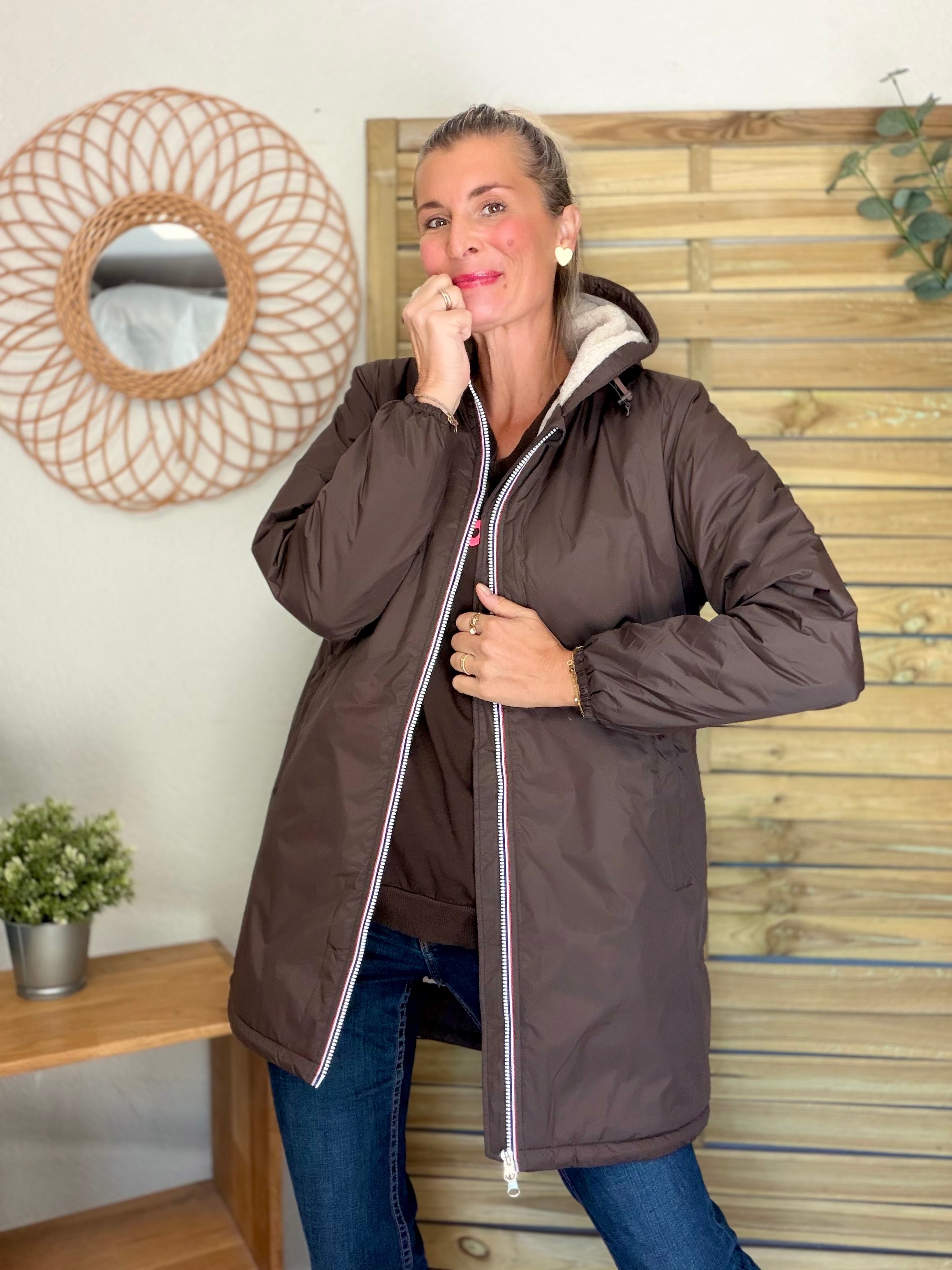 LAURA JO - Parka Imperméable LOUISE LONG Sherpa écru - Chocolat