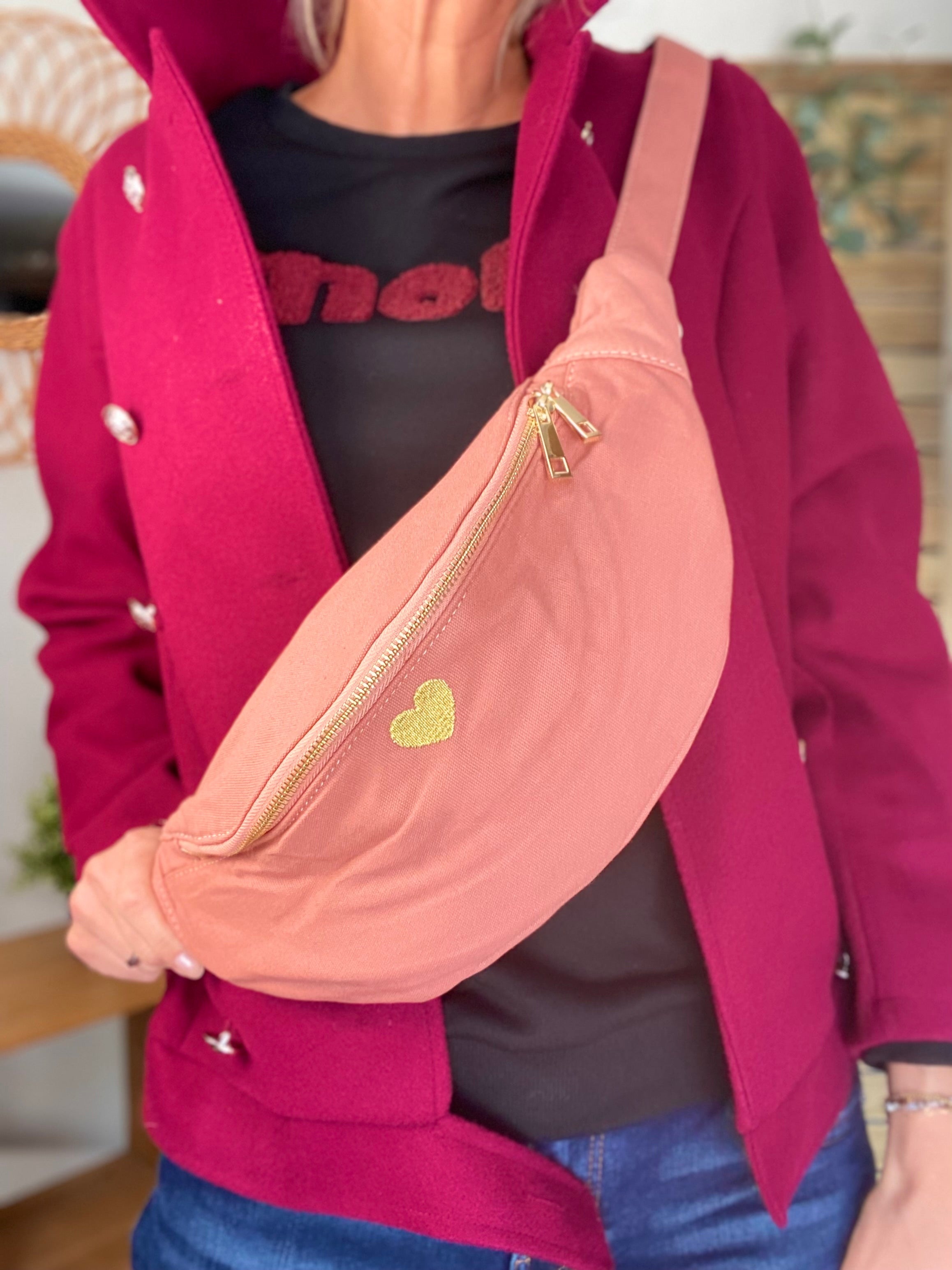 Sac banane en coton Coeur brodé 💛 CASSIDY - Vieux rose