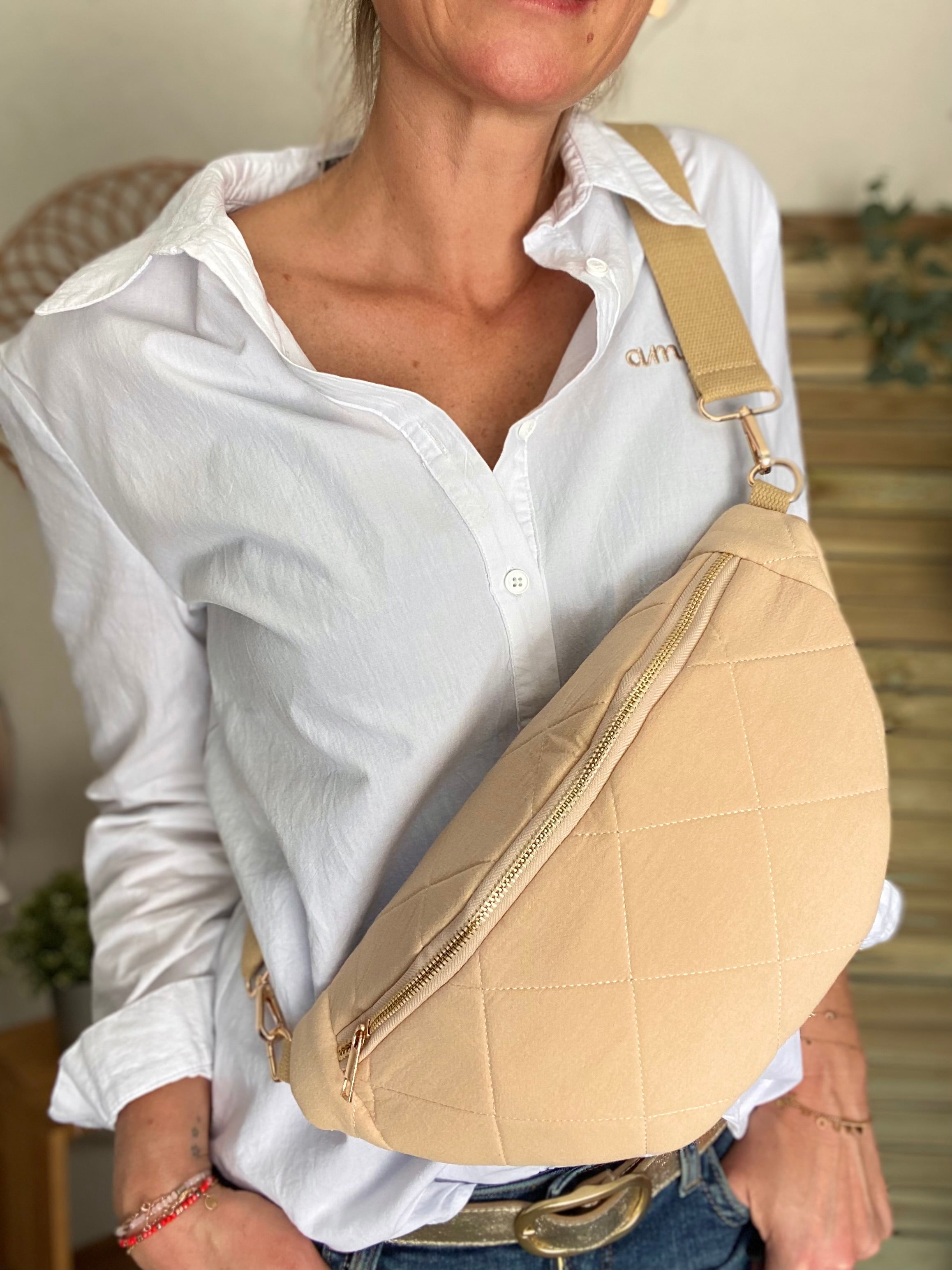 Sac banane XL gaze de coton surpiquée Ciao Boum - CARLY - Beige - FIN DE SÉRIE