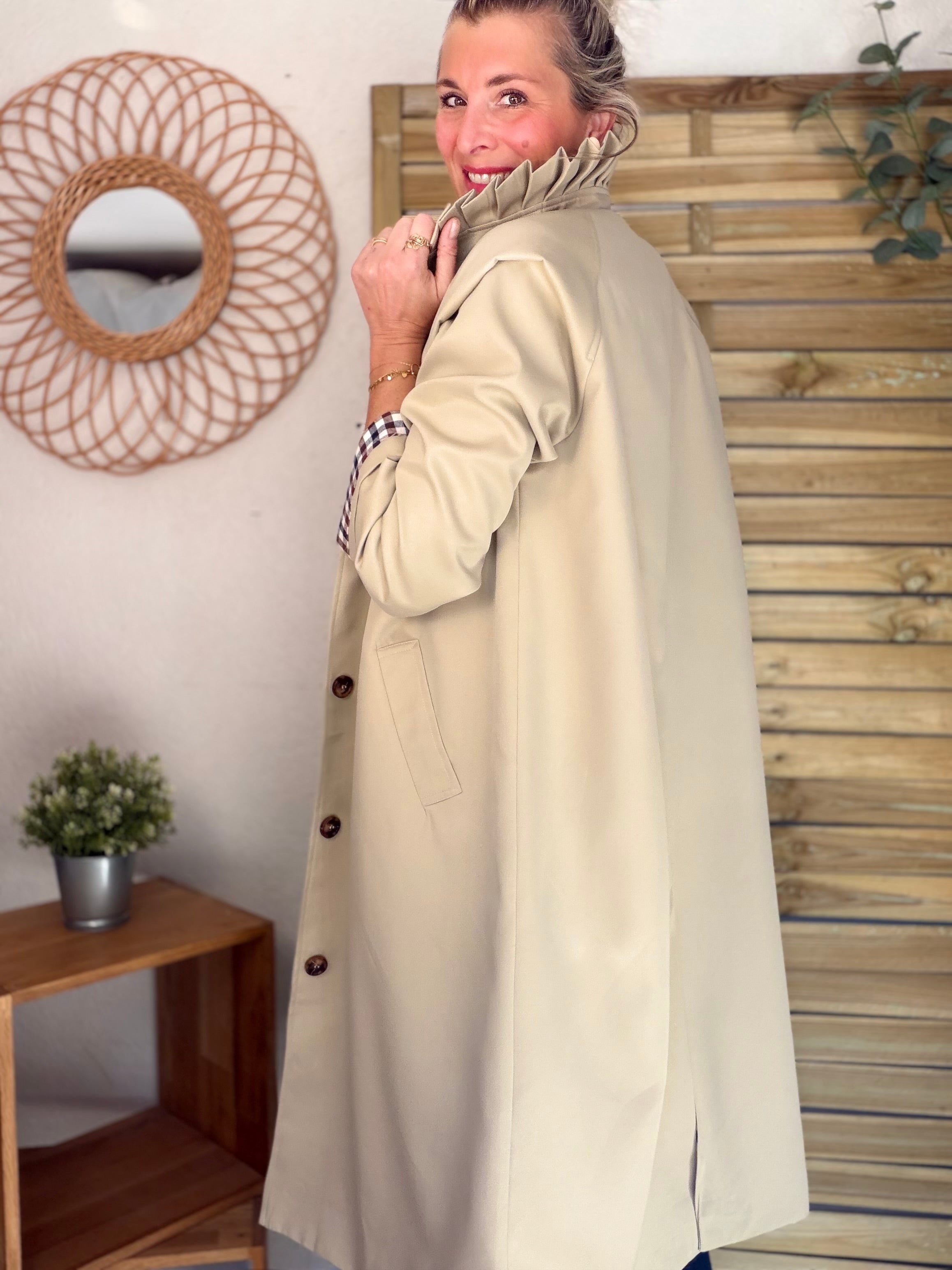 Veste Trench col victorien avec vichy - VICKY LONG Beige