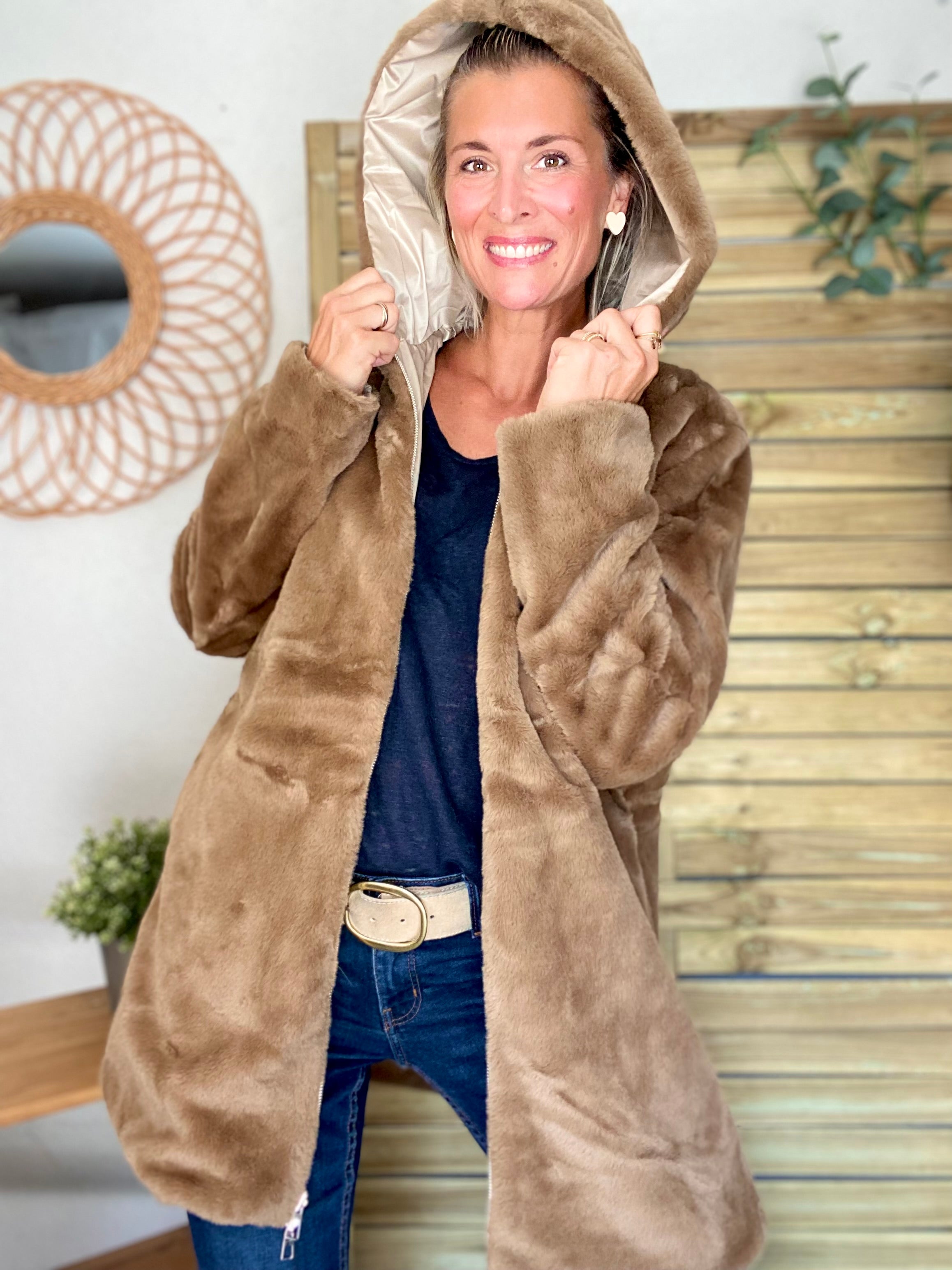 Parka Imperméable réversible fourrée Sable irisé / Camel ALIX - LAURA JO