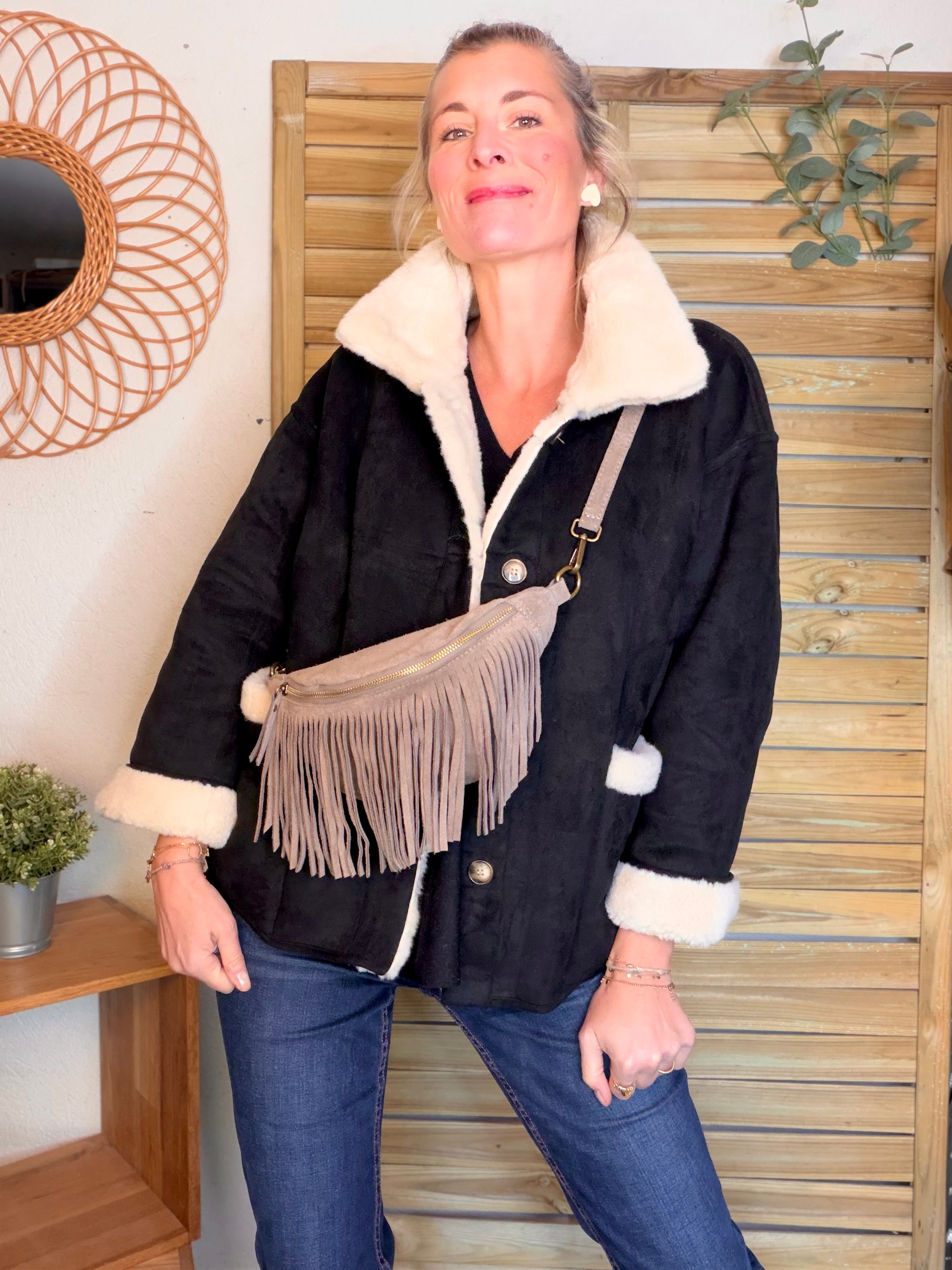 Sac banane avec franges en cuir daim - PIETRA - Taupe