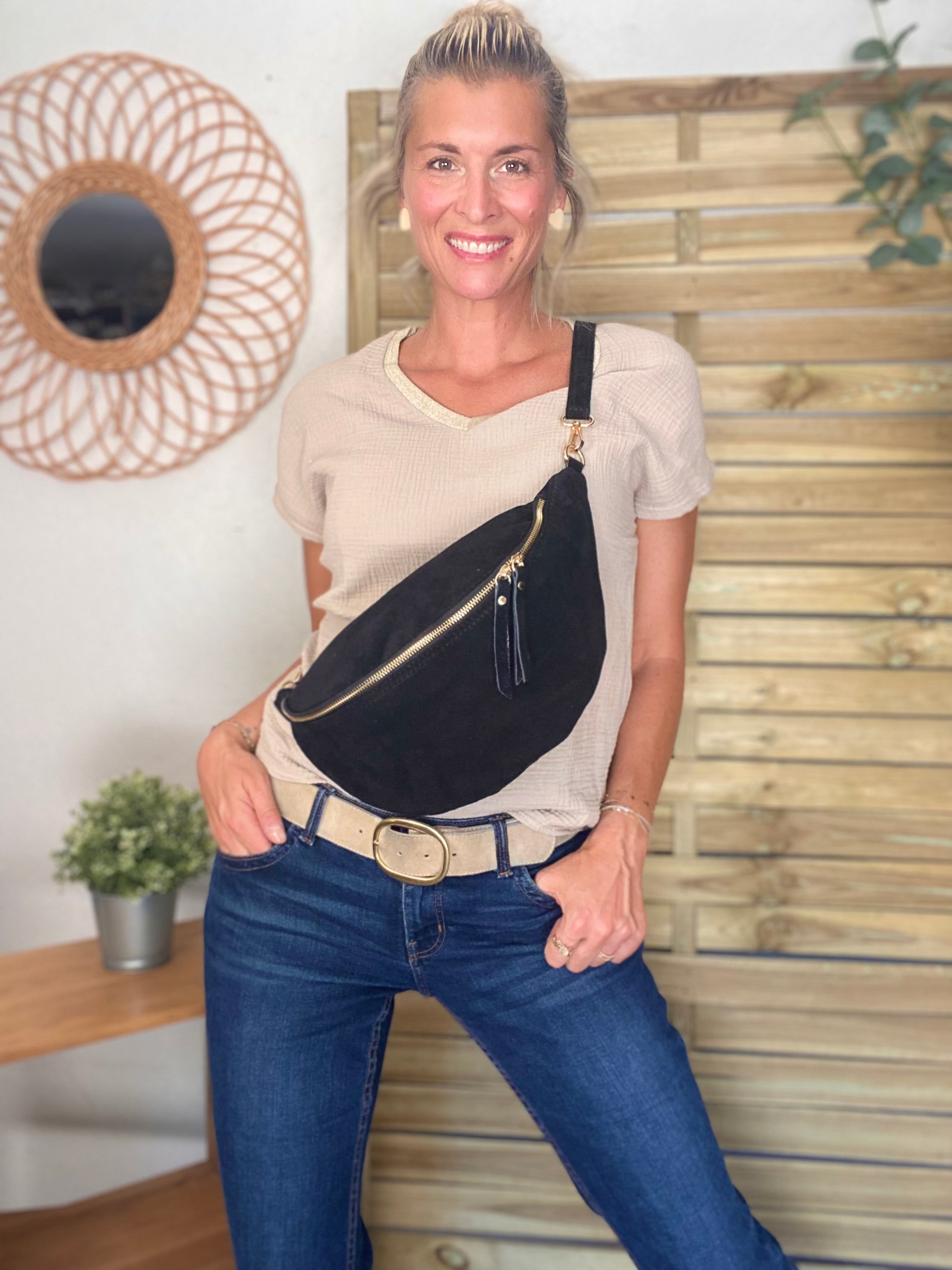 Sac banane XL en croite de cuir - JANE - Noir