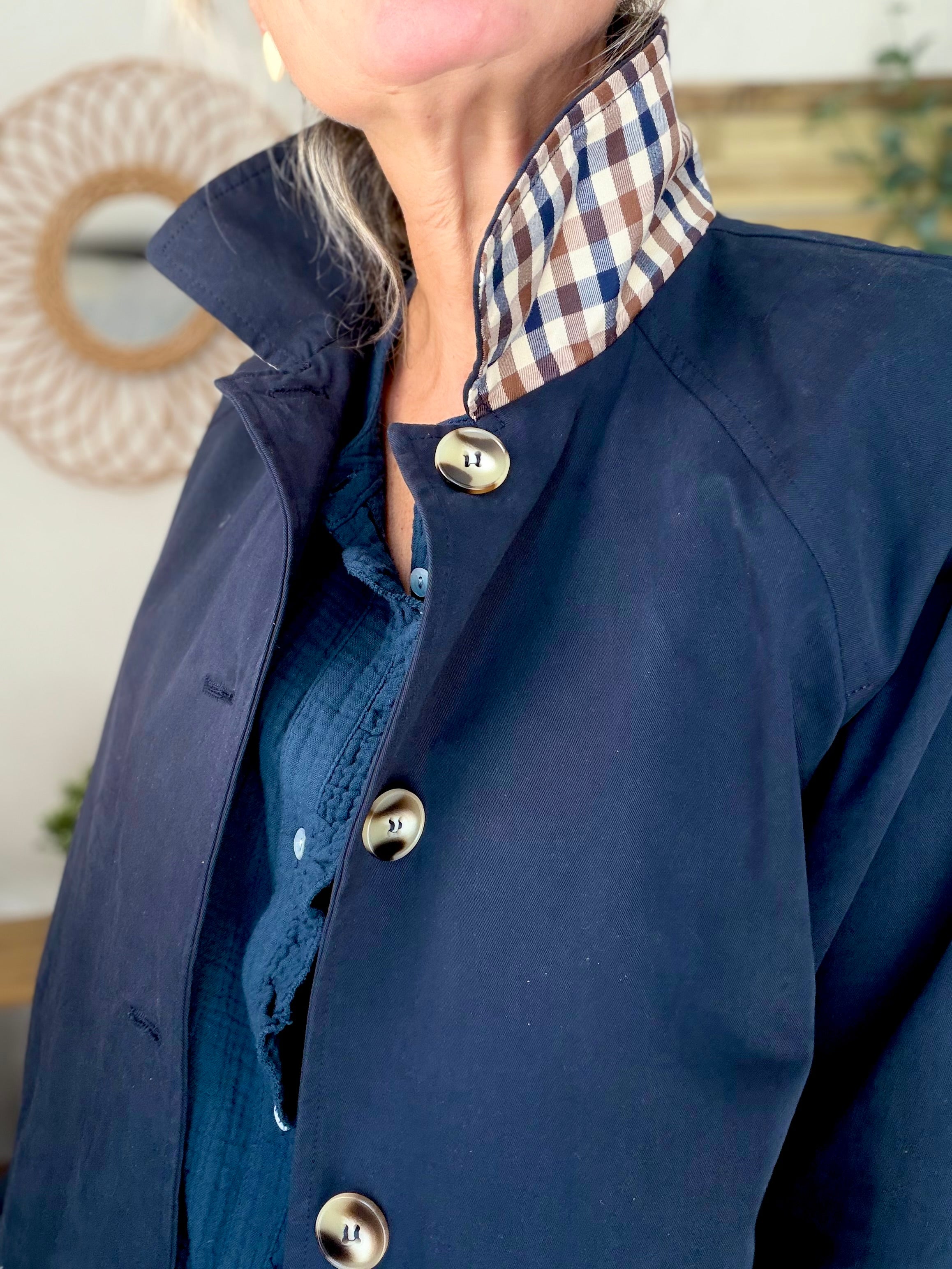 Veste Trench en coton avec carreaux - SOLÈNE Bleu marine