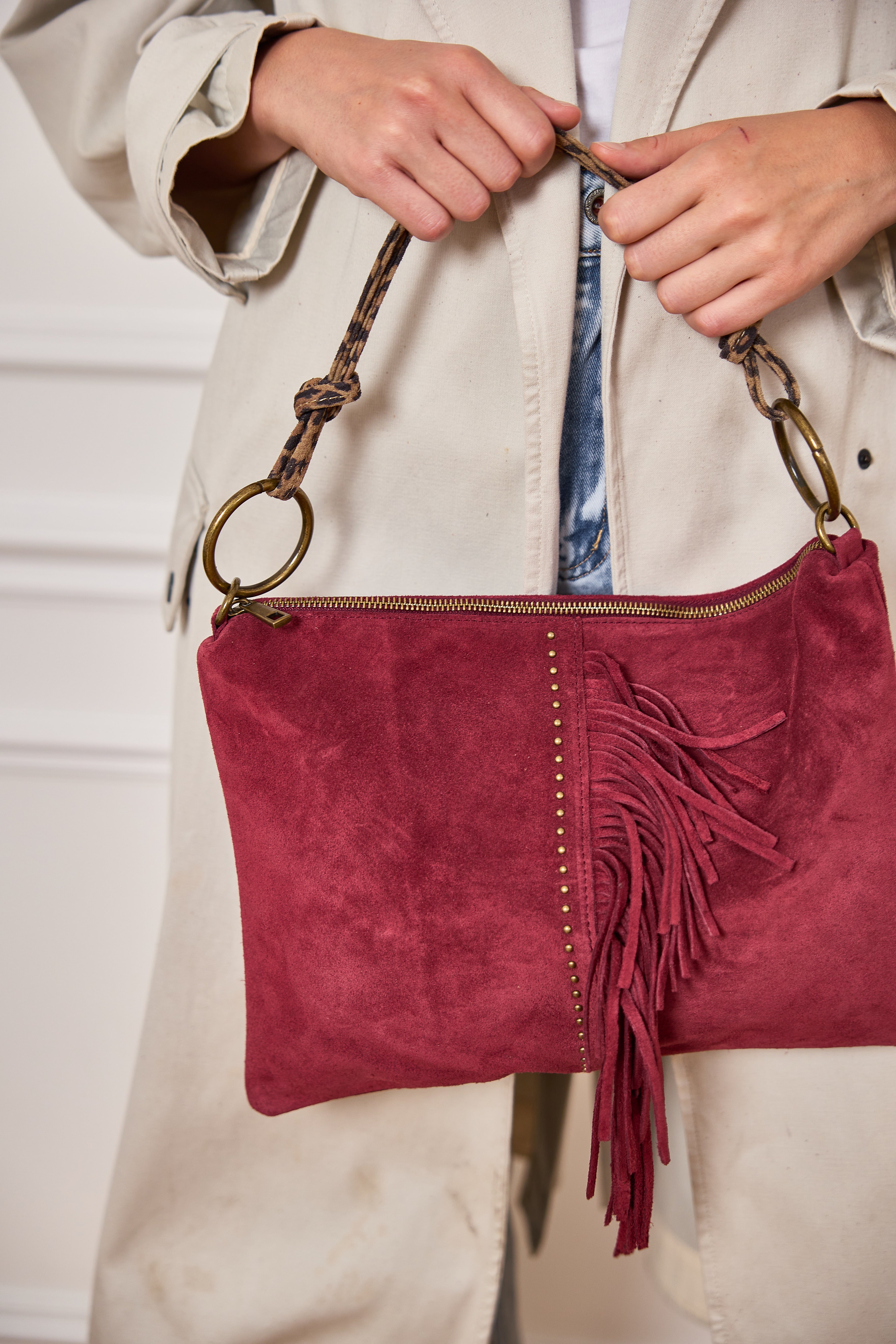 ⚡️PÉPITES FRIDAY - Sac en cuir daim 2 bandoulières (Léo et bordeaux) - Bordeaux - BROOKLYN