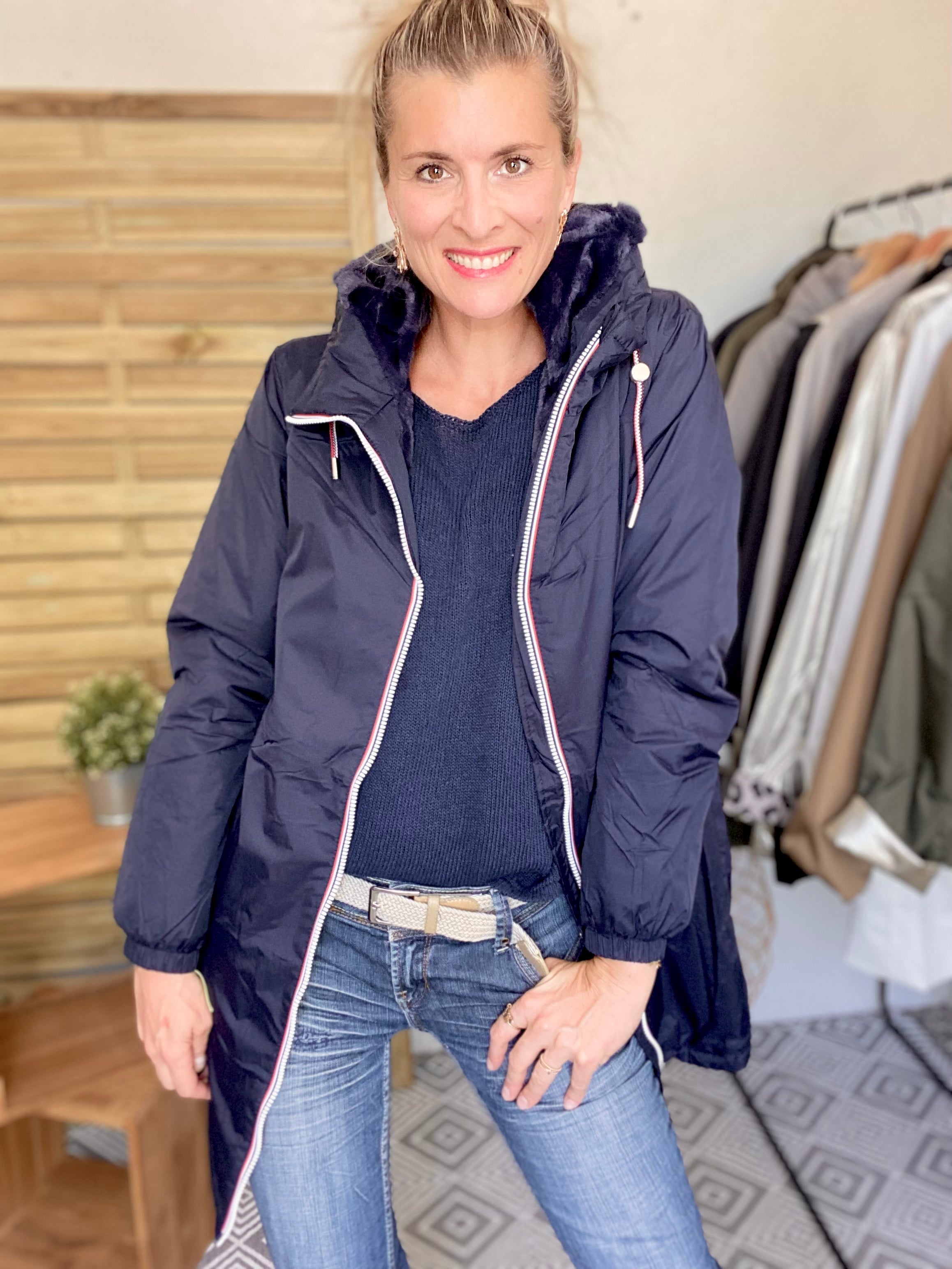 ***PROMO - Tailles 3XL et 4XL - Parka Imperméable THELMA LONG fourrée - Bleu marine - Laura Jo