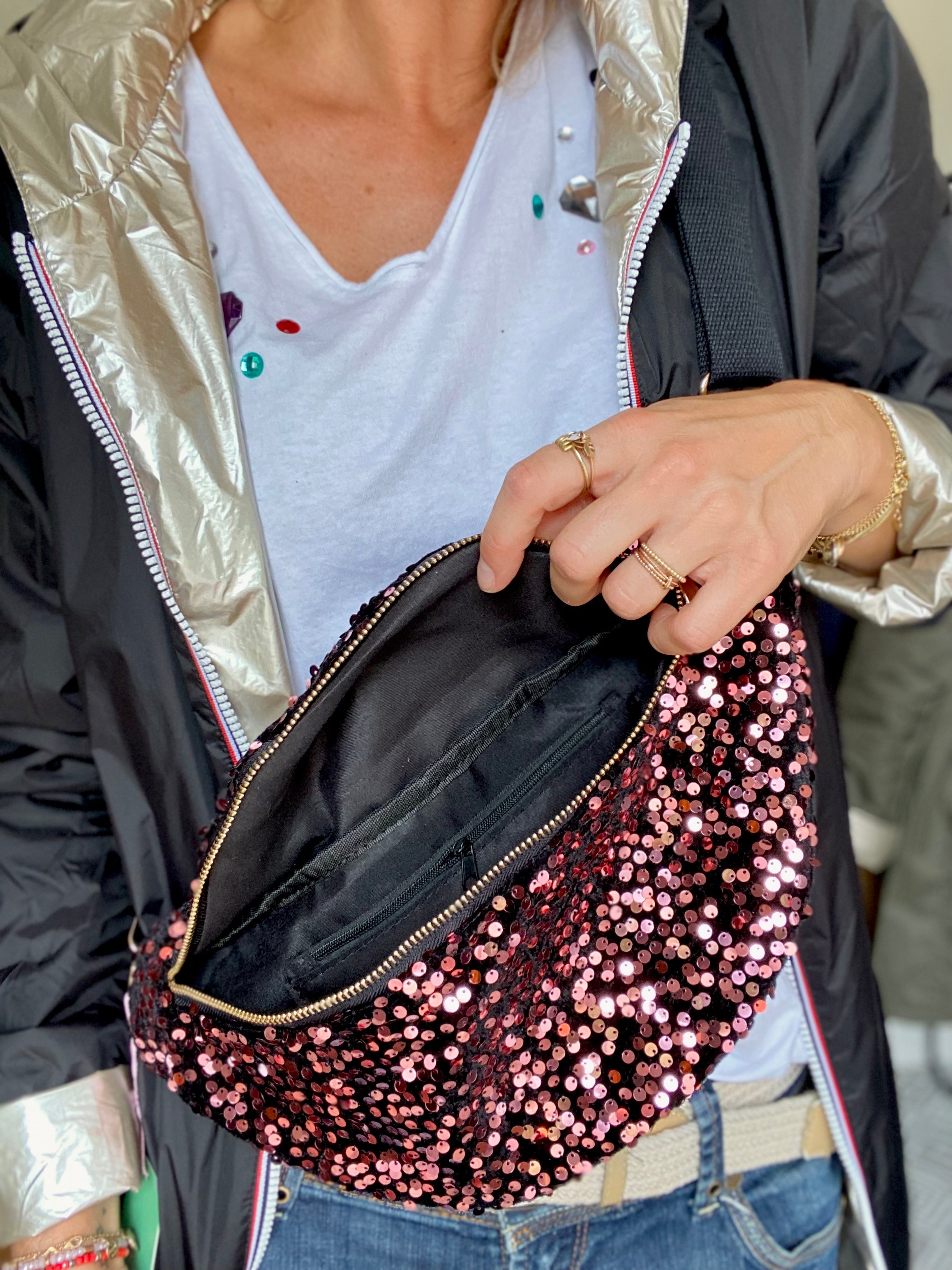 Sac banane L velours à sequins Ciao Boum - TAYLOR - Noir à sequins rosés