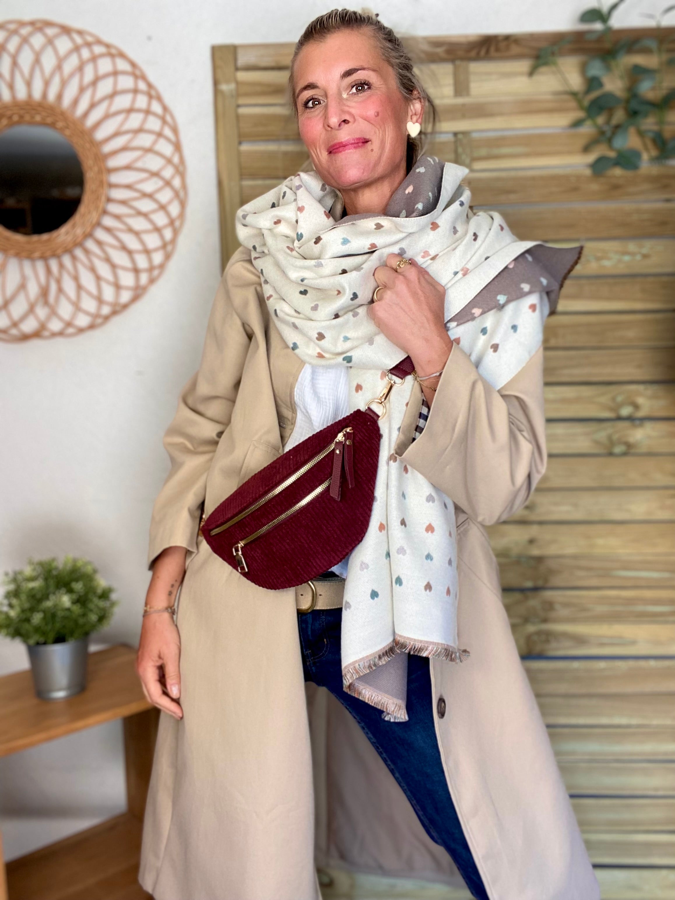 Écharpe douce réversible Coeurs SIMONE - Beige / Taupe 💙🩷💛