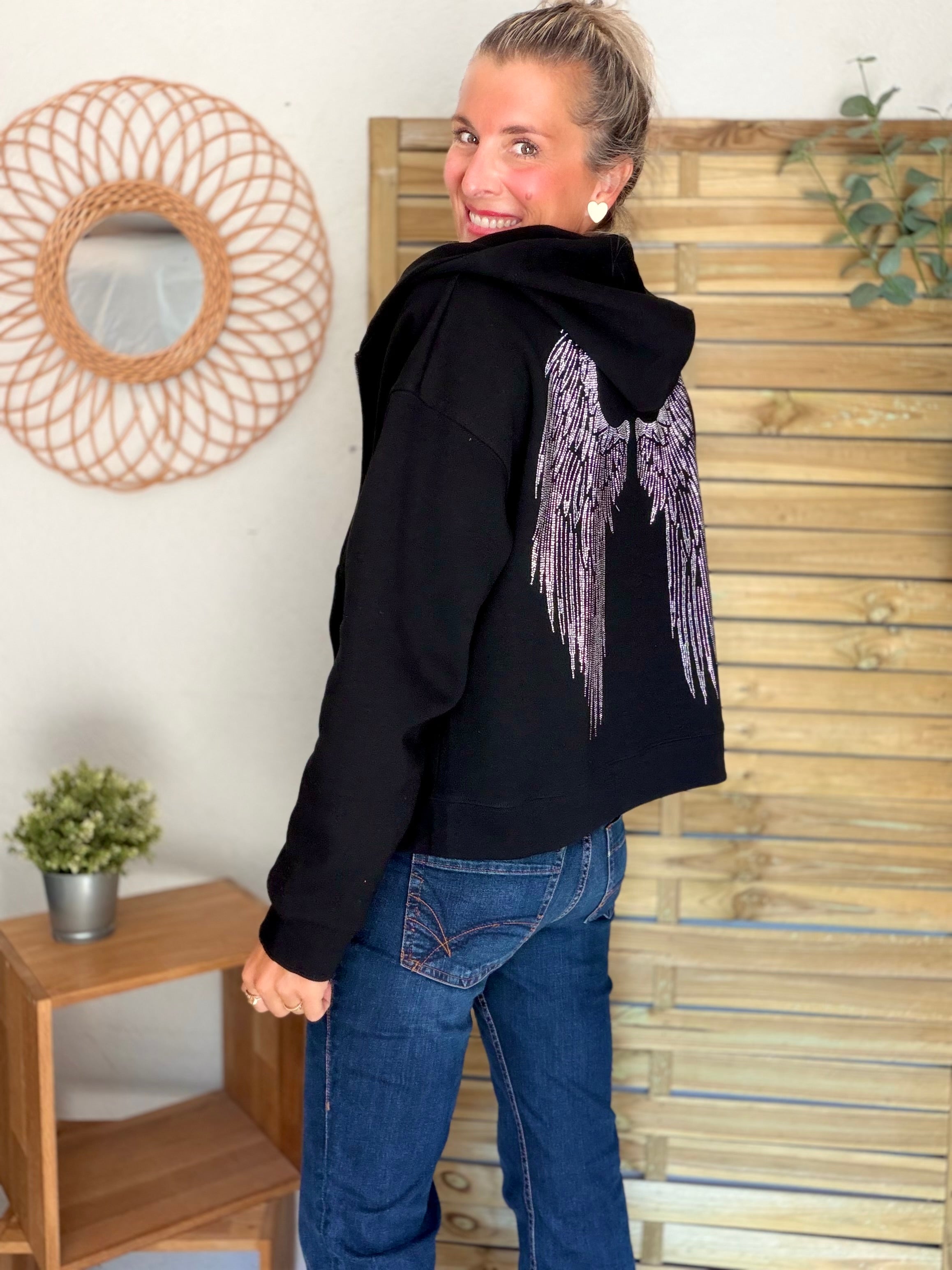 Hoodie sweat gilet strass (ailes) CLOTHILDE - Noir