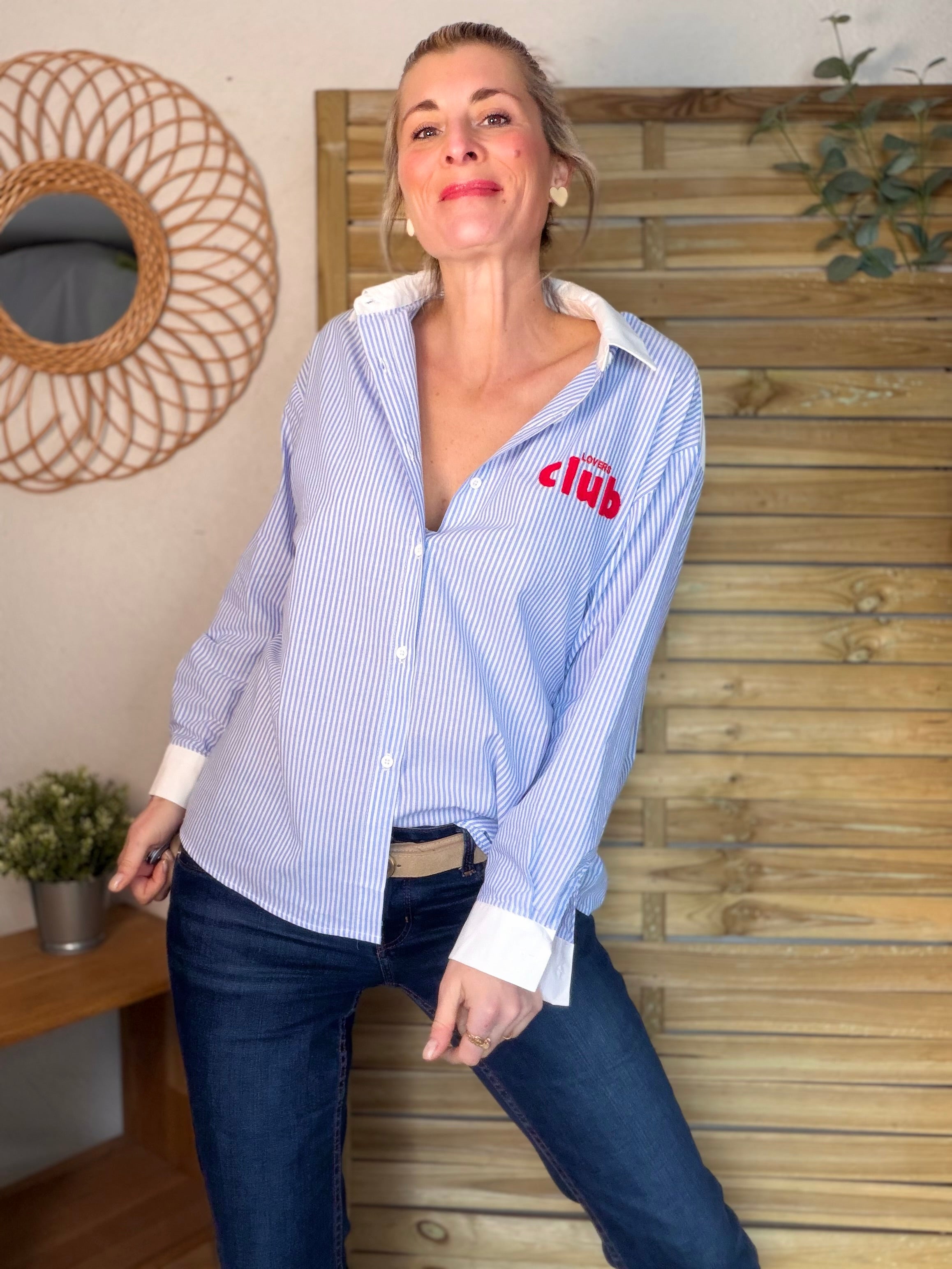 Chemise bleue rayée brodée CAFÉ LOVERS CLUB - ALIZÉE