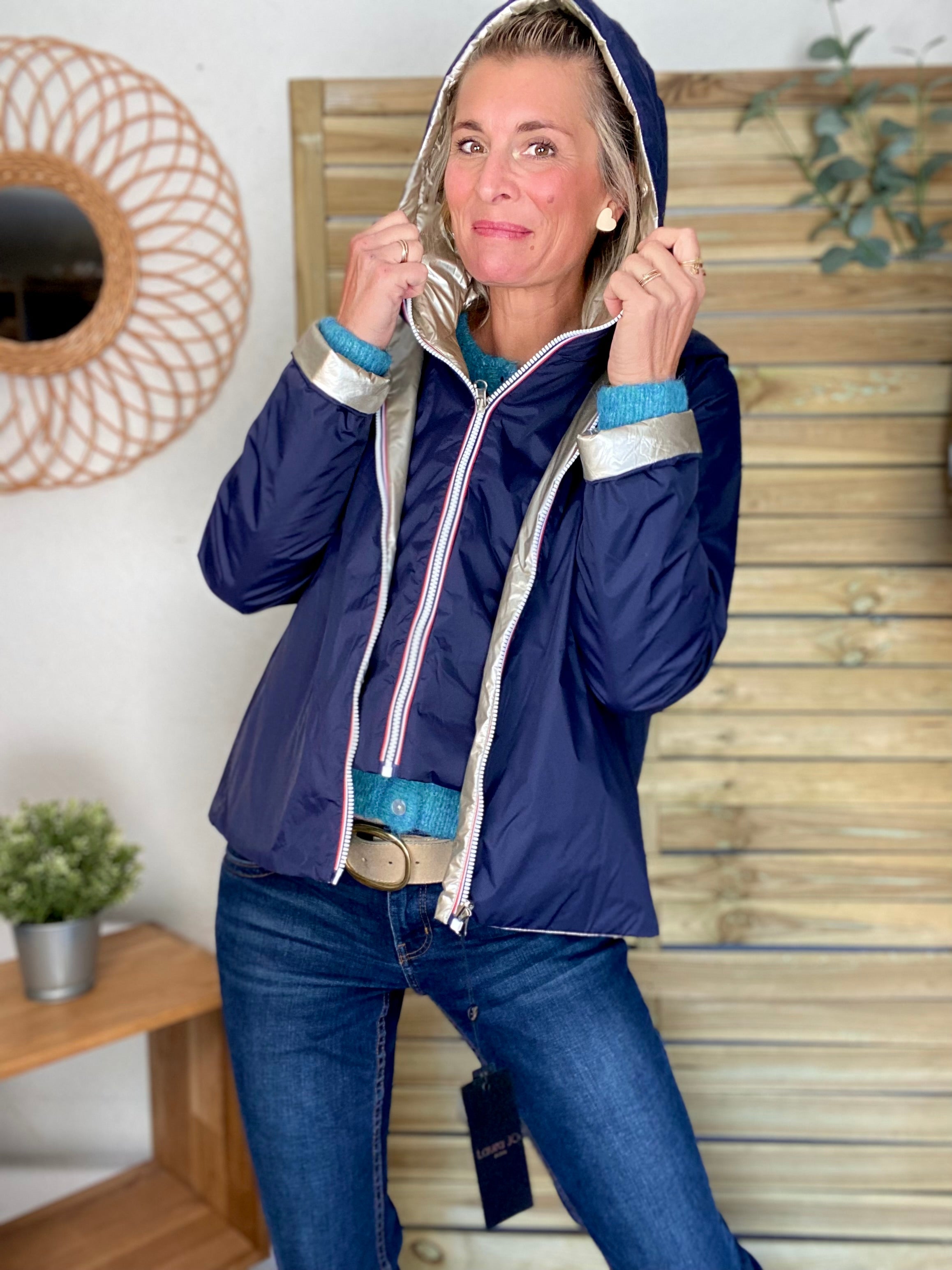 Col capuche amovible réversible  DANY - LAURA JO - Bleu Marine / Doré