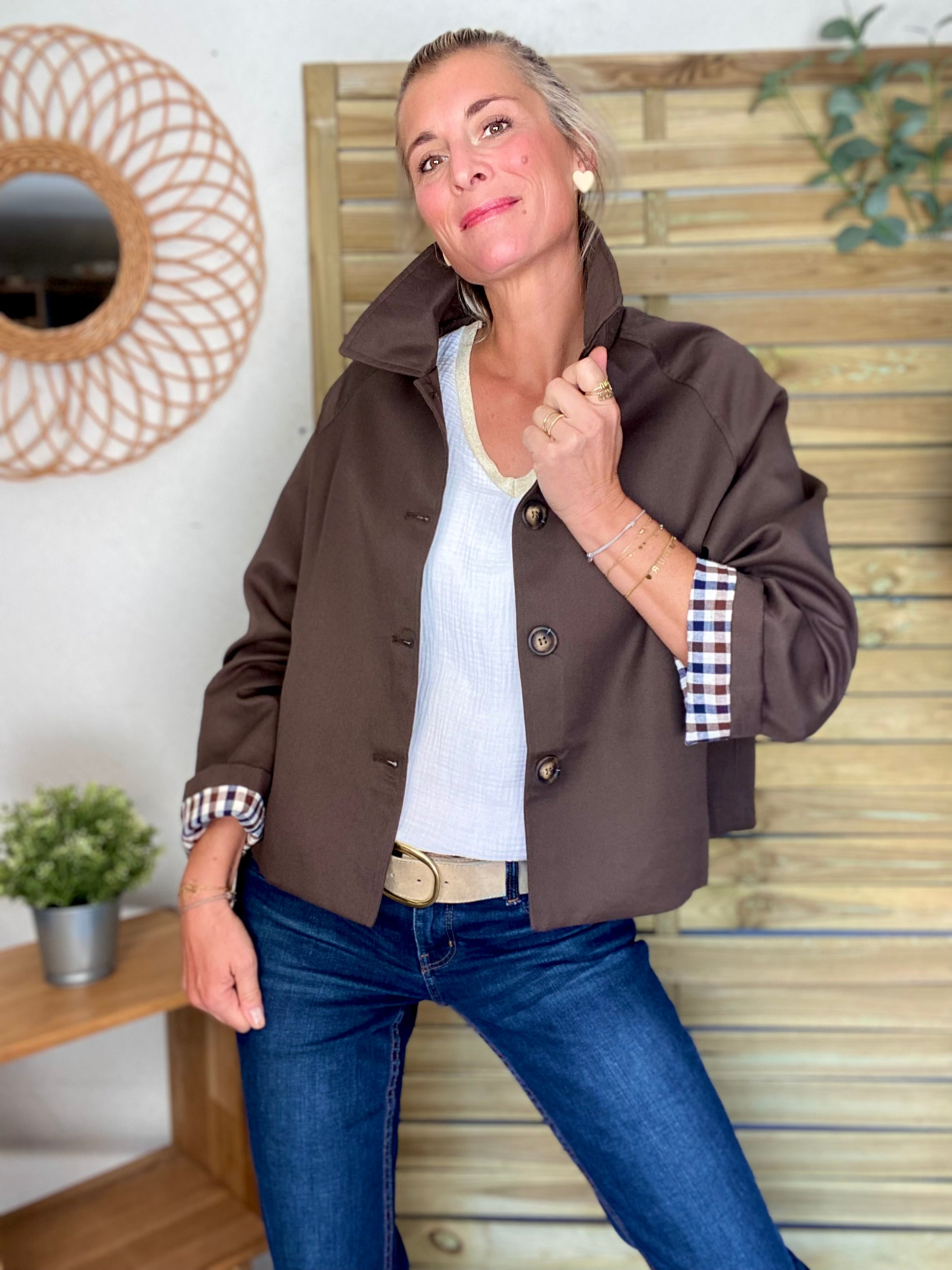 Veste Trench en coton avec vichy - YSEULT court Chocolat