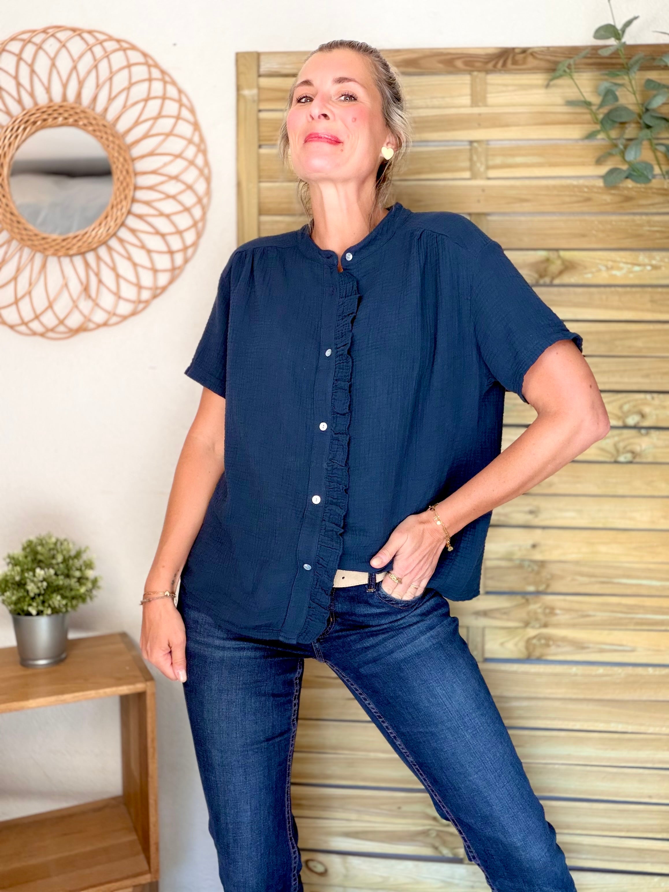 Blouse en gaze de coton ANAËLLE Bleu marine