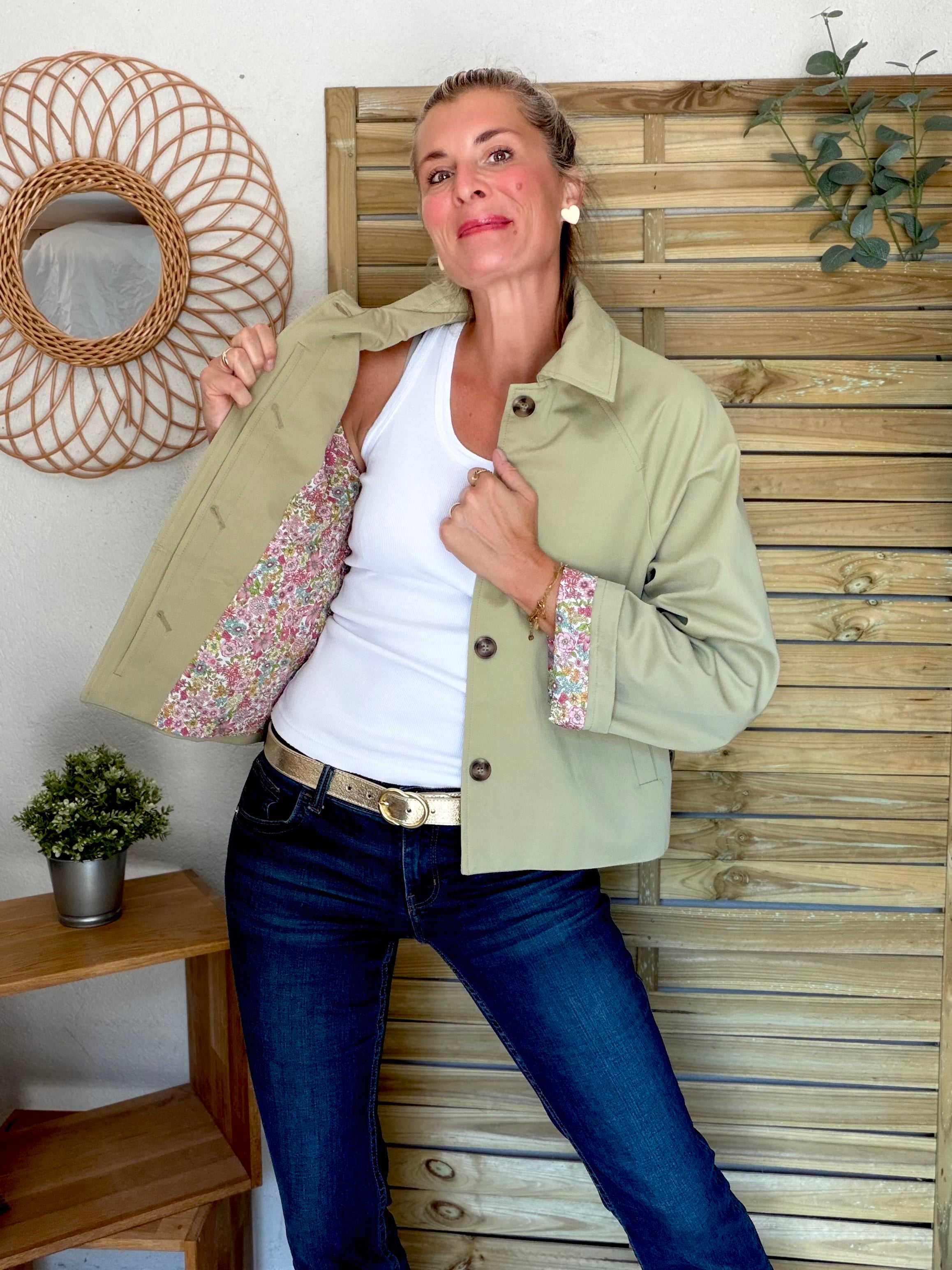 Veste Trench en coton Vert amande avec Liberty - MAHAUT - LILI et LALA