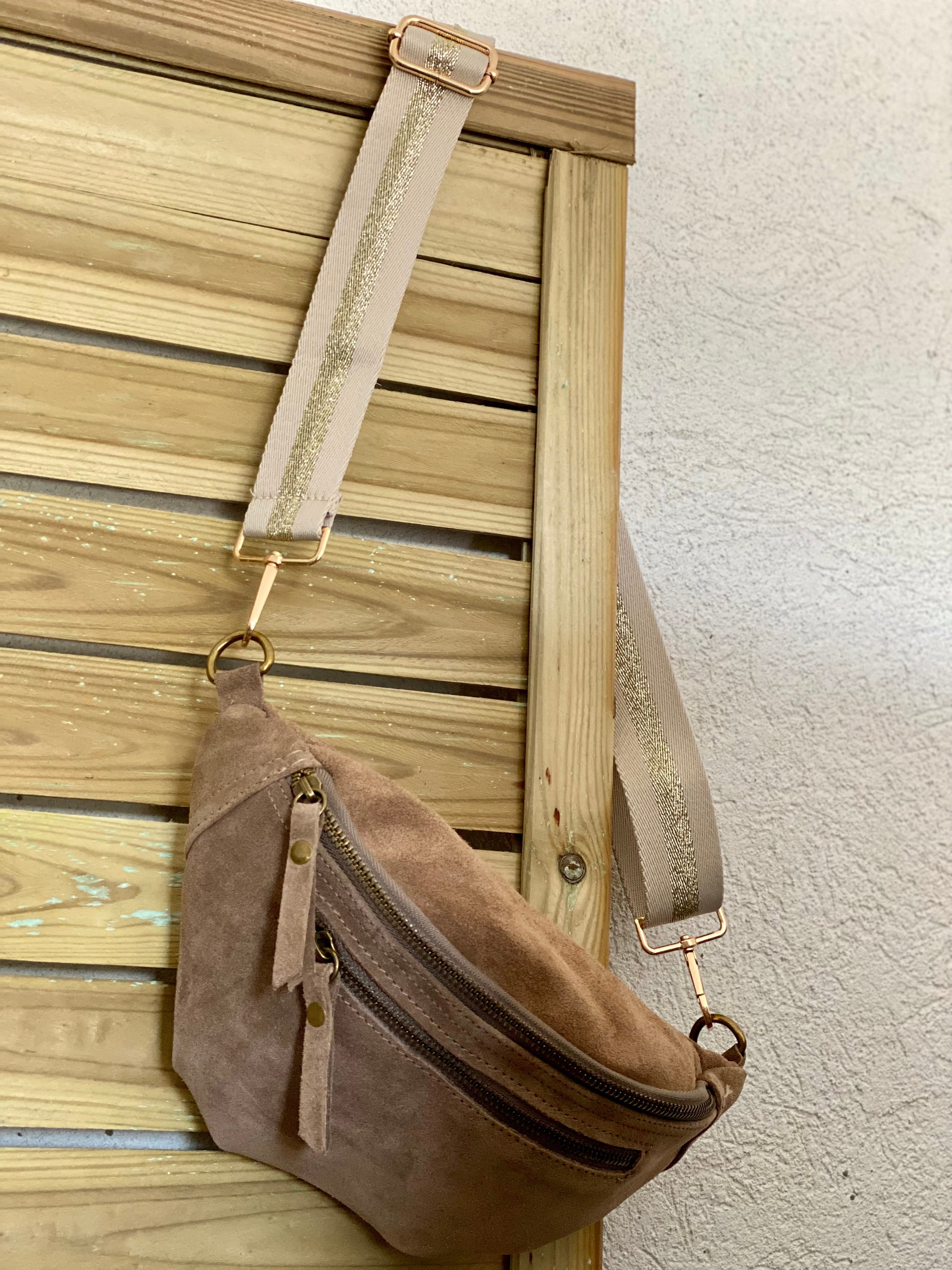 Sac banane double poche en cuir daim - OPALINE - Beige Taupe (14 coloris)