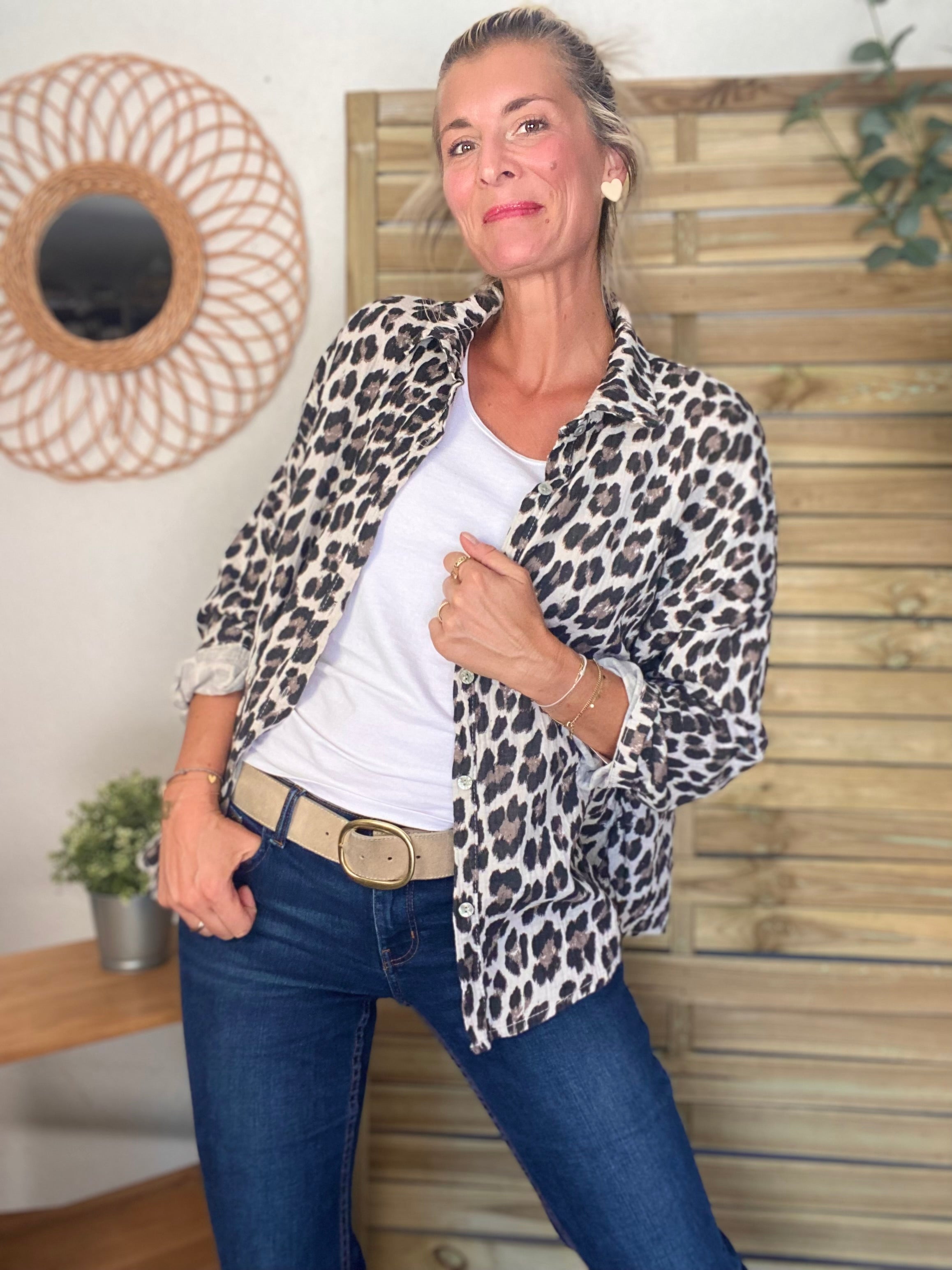 Chemise en gaze de coton imprimé Léo MARCIA - Beige / Taupe